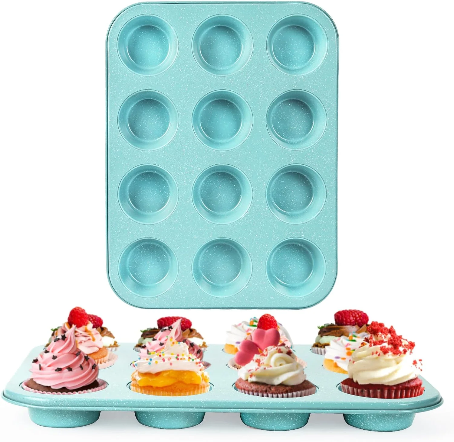 Stylish 2-Pack Blue 12-Cup Non-Stick Muffin Pan Healthy Baking Easy Cleaning Muffin Tin Durable Versatile Muffin Cup for Mini Cupcakes Blue Breathable