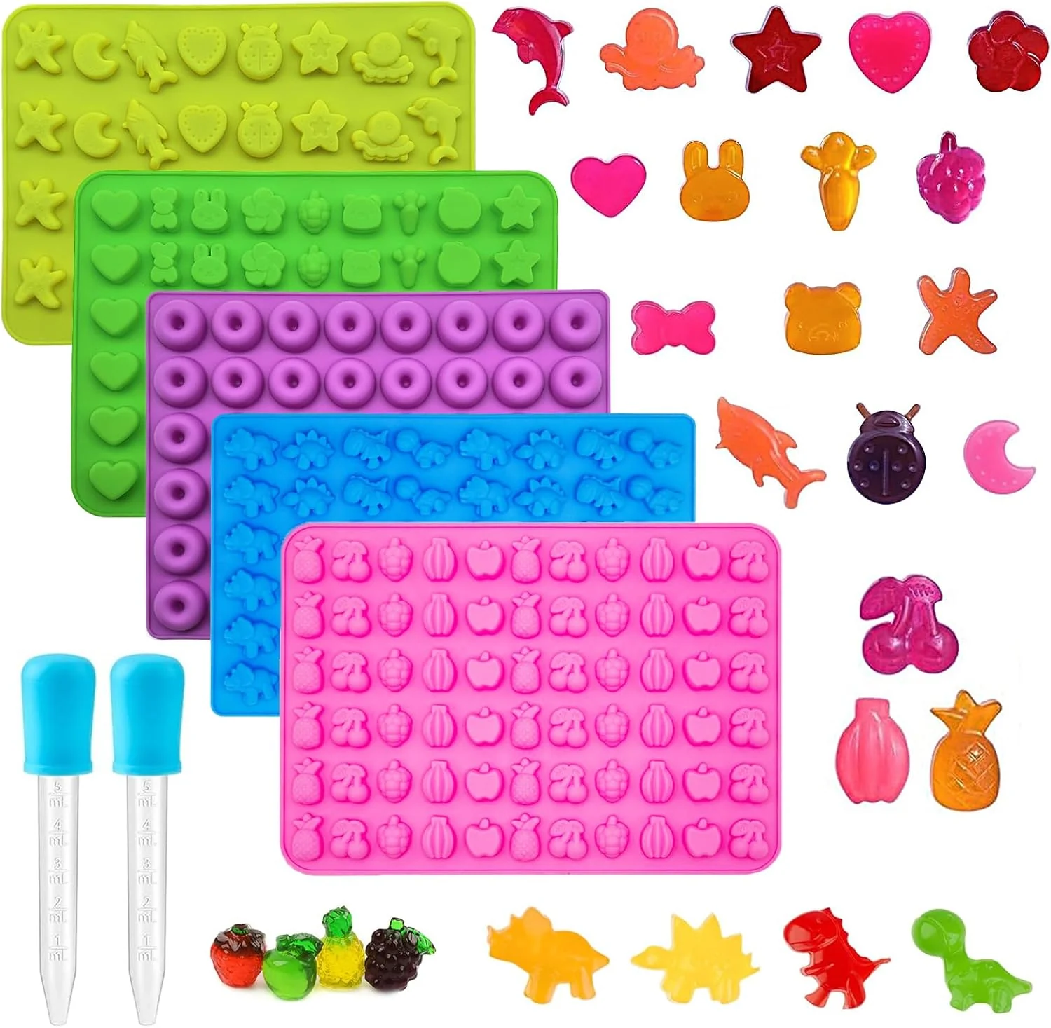 Modern Gummy Candy Molds - Silicone Gummy Dinosaur Marine Animal Donut Small Hearts Shapes Fruit Snack Mold for Kids with 2pcs Dropper Prestigious