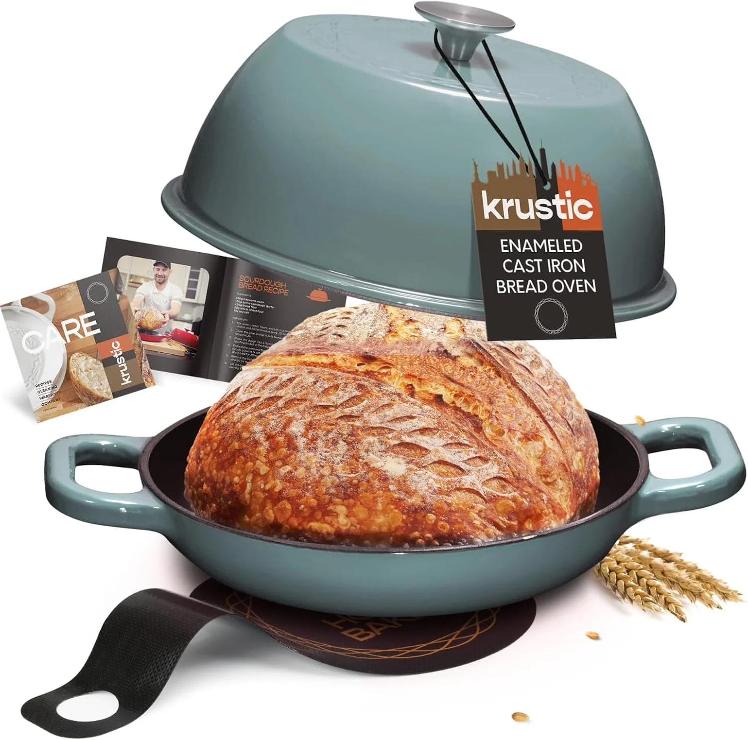 High-Quality Enameled Cast Iron Dutch Oven for Sourdough Bread Baking 6 Quart Round Pot with Lid 10 Inch Ceramic Enamel Thick Coated Cookware with Non Stick Silicone Baking Mat for Cooking 6 Qt Sea Salt Green
