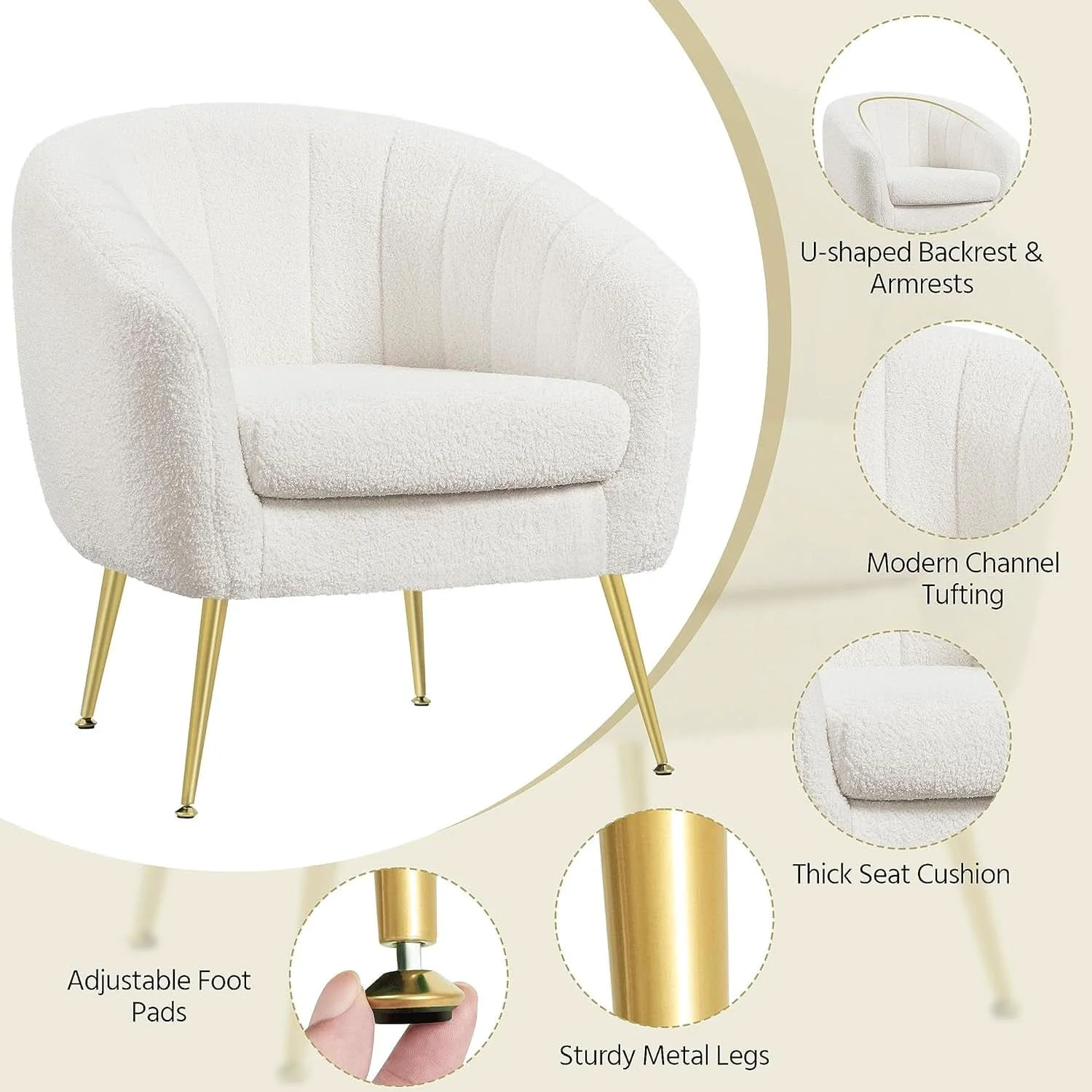Soft Ivory Boucle Upholstered Accent Chair Removable Cushion Genuine