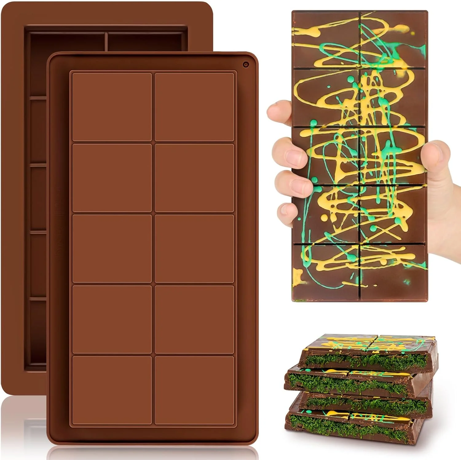 Prestigious 2 Pcs Large Dubai Chocolate Bar Molds 0.8 Inch Deep Silicone Stuffed Chocolate Bar Molds Genuine