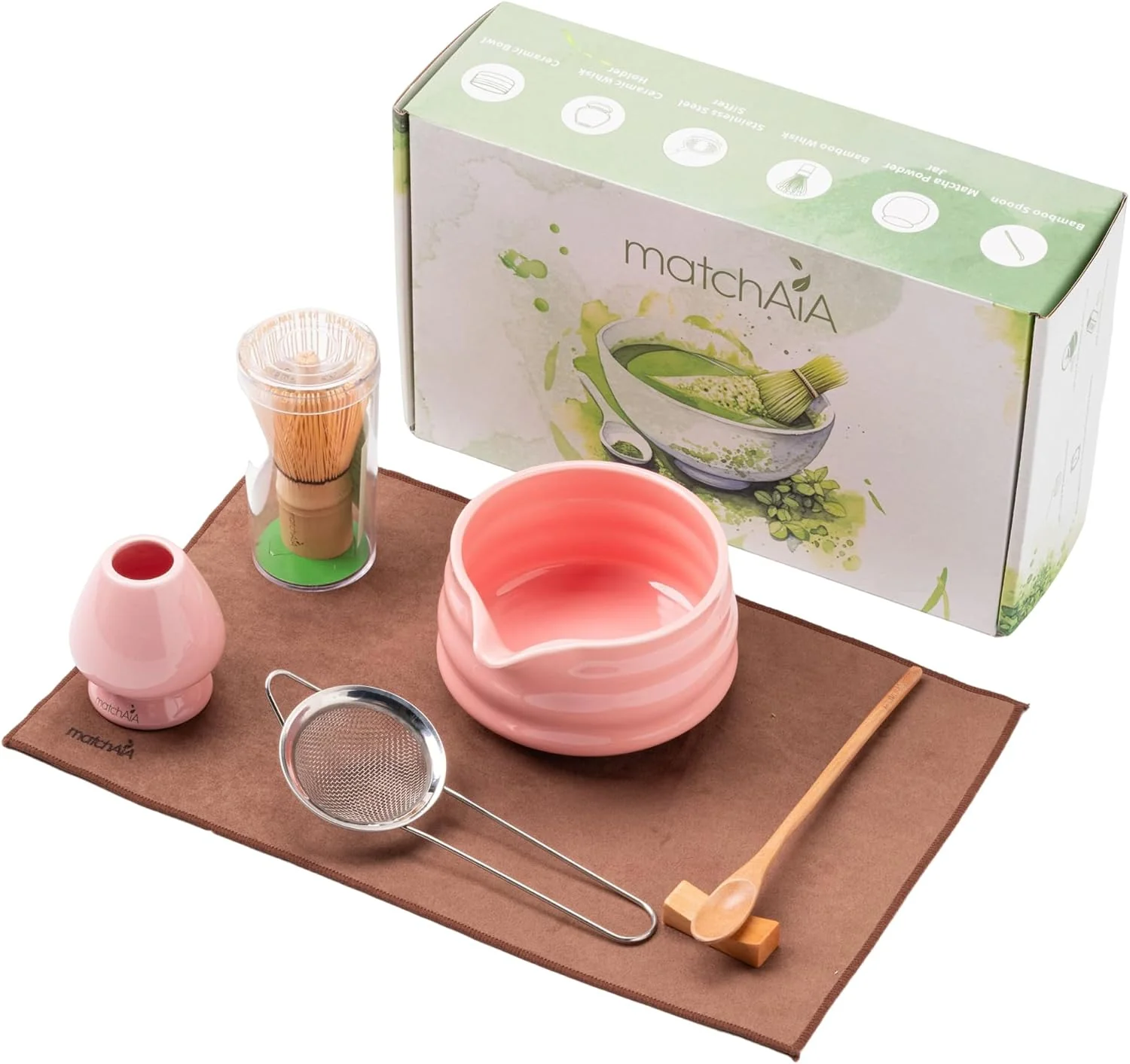 Certified MatchAiA Matcha Whisk Set - Ceramic Bowl Bamboo Whisk with Holder Sifter Schima Spoon Spoon Rest and Tea Towel - 7 Pcs Complete Kit for Traditional Matcha and Modern Lattes Pink Reliable