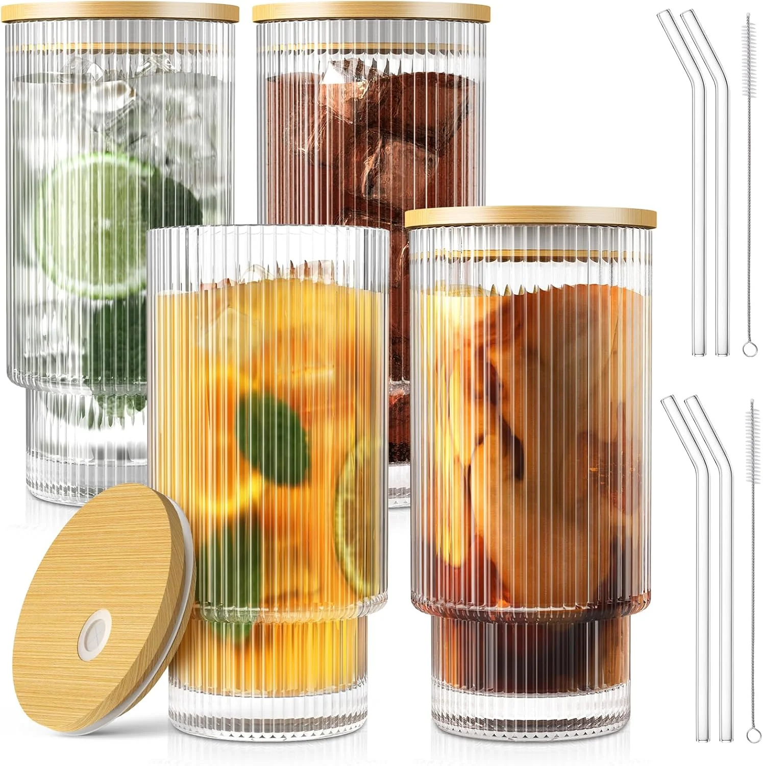 Smart CWHHRN 16OZ Ribbed Glass Cups with Lids and Straws 4 Set Vintage Glassware for Whiskey Cocktail Beer Iced Coffee Cups with Lid Glass Tumbler with Straw and Lid 4 PACK High-Quality