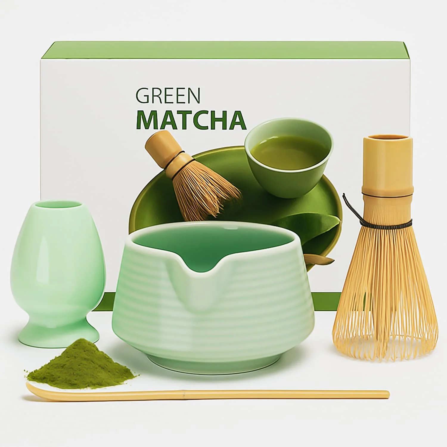 Original Design Matcha Whisk Set - 4PCS Matcha Set Includes Matcha Bowl with Spout Matcha Whisk Holder Bamboo Whisk and Bamboo Scoop Ceramic Matcha Kit Unique