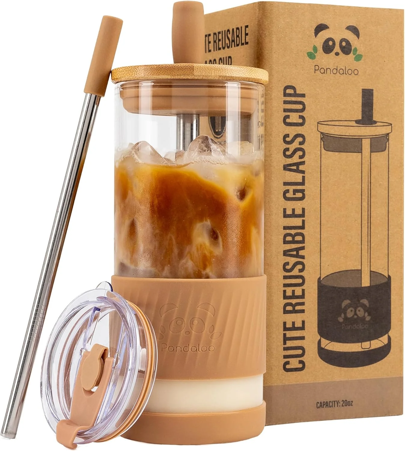 Effective Pandaloo® Glass Cups With Lids and Straws -20 Fl Oz- Size Iced Coffee Cup - Smoothie Cup With Bamboo Lid and On the go Lid - Glass Tumbler With Straw 1 Count Pack of 1 Amber Sand Dependable