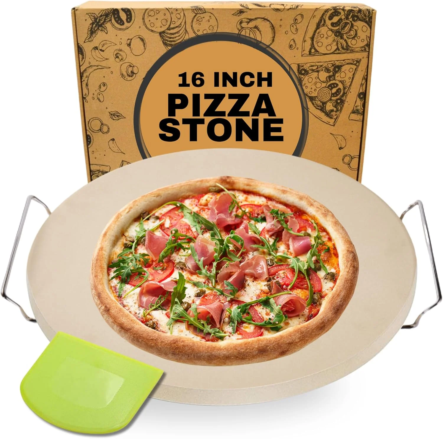 Certified 16 inch Round Pizza Stone for Oven - Large Pizza Stone for Grill with Handles and Dough Tool - Round Baking Stone for Bread Superior