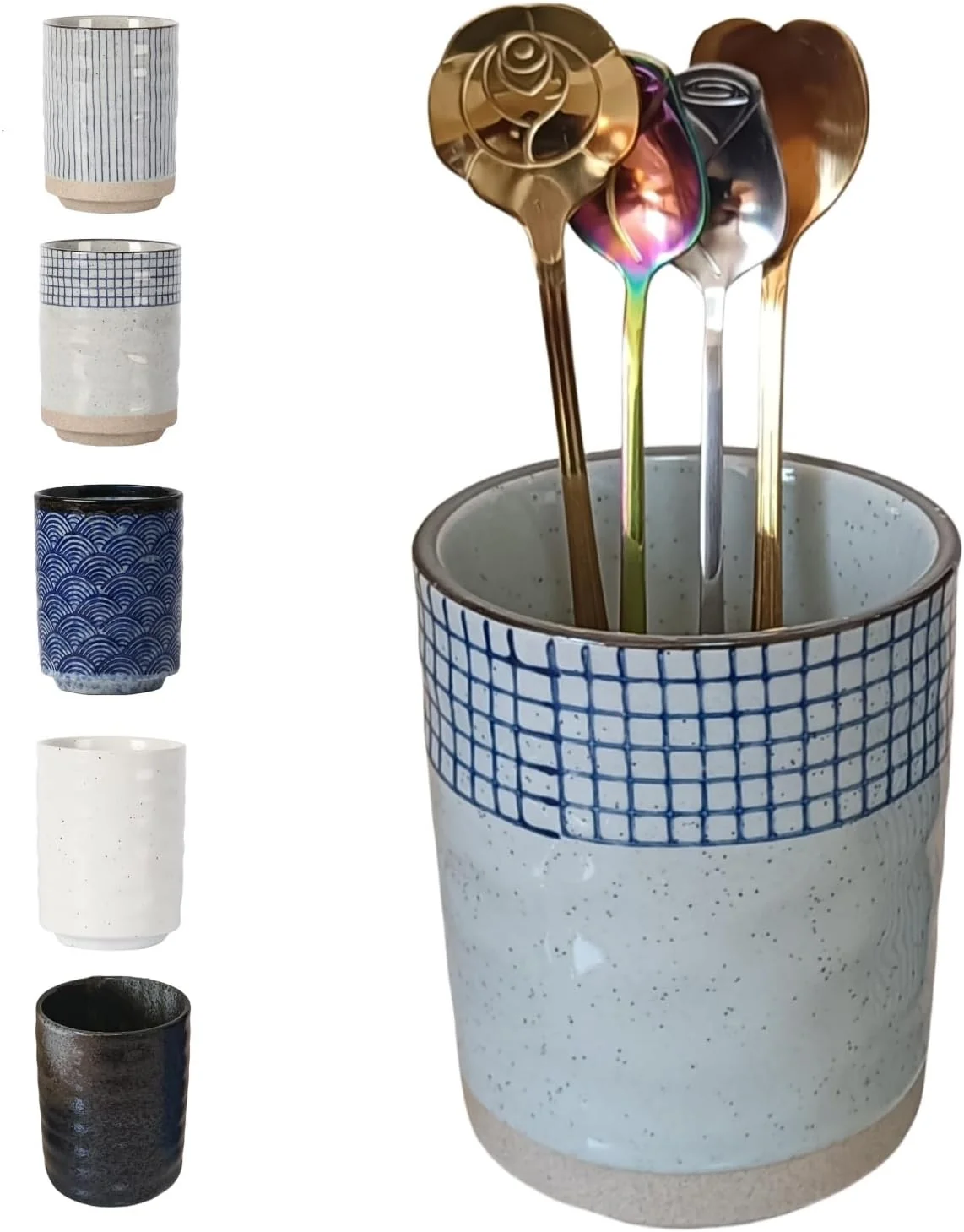 Relaxed Stoneware Coffee Bar Utensil Holder Tea Coffee Spoon Stirrer Holder for Stir Stick Straw Teaspoon Holder Spoon Cup Small Utensil Jar Blue Elegant