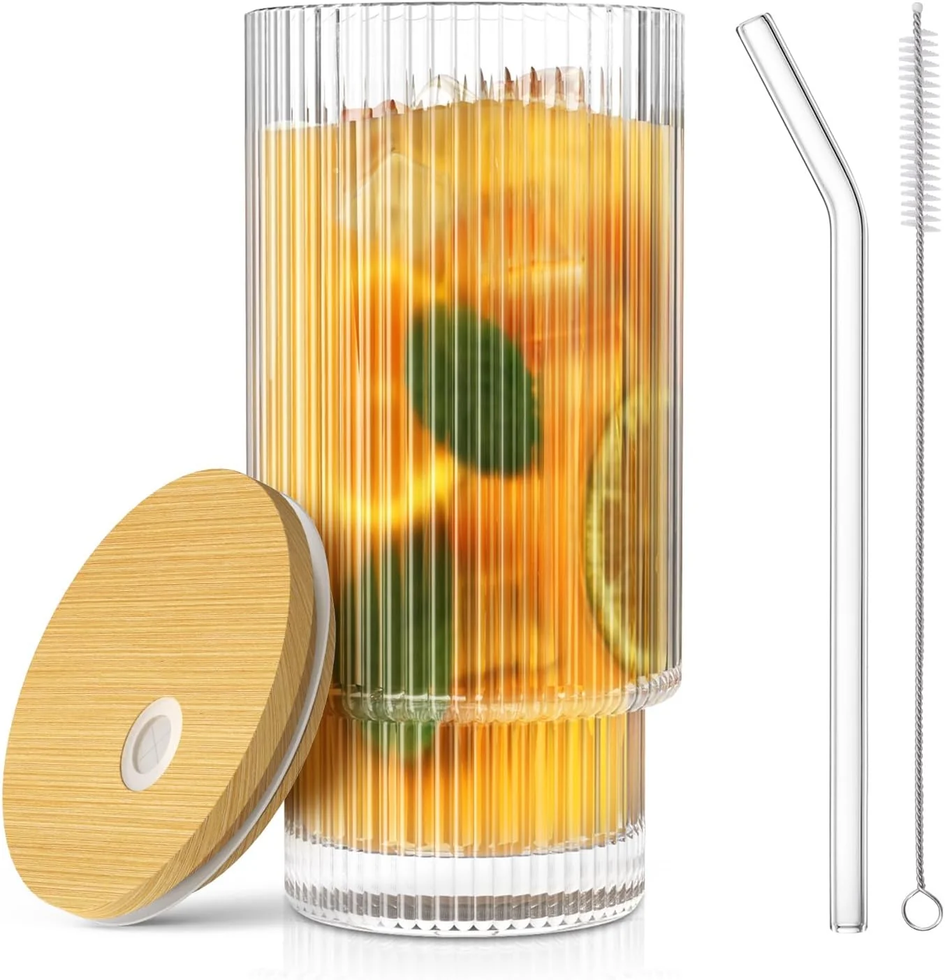Crafted CWHHRN 16 OZ Glass Cup with Lid and Straw Vintage Ribbed Glassware for Whiskey Cocktail Beer Iced Coffee Cups with Lid Glass Tumbler with Straw and Lid 1 PACK Smart