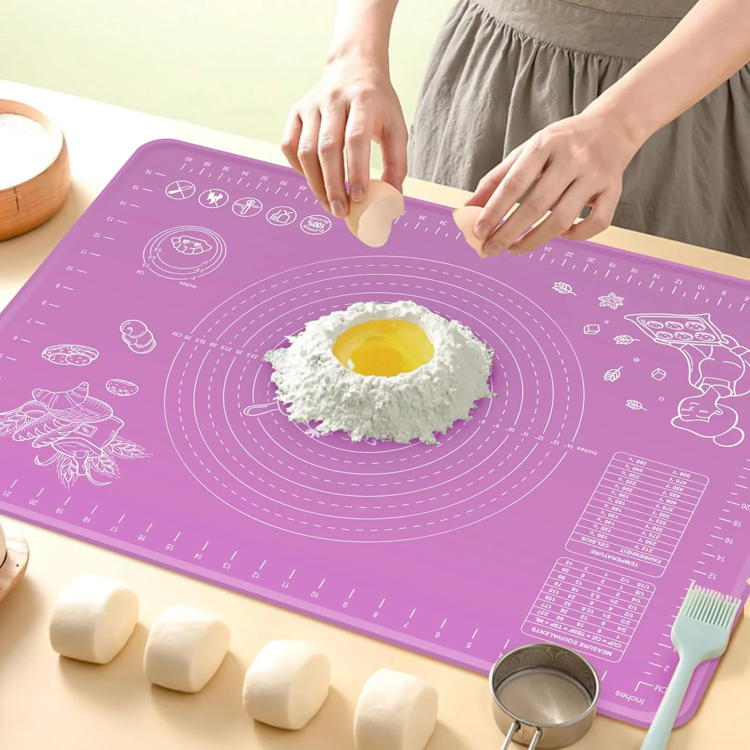 Fine Crafted Silicone Baking Mat 28 x 20 Extra Thickness Dough Rolling Mat with Measurements and Edge Heightening Relaxed