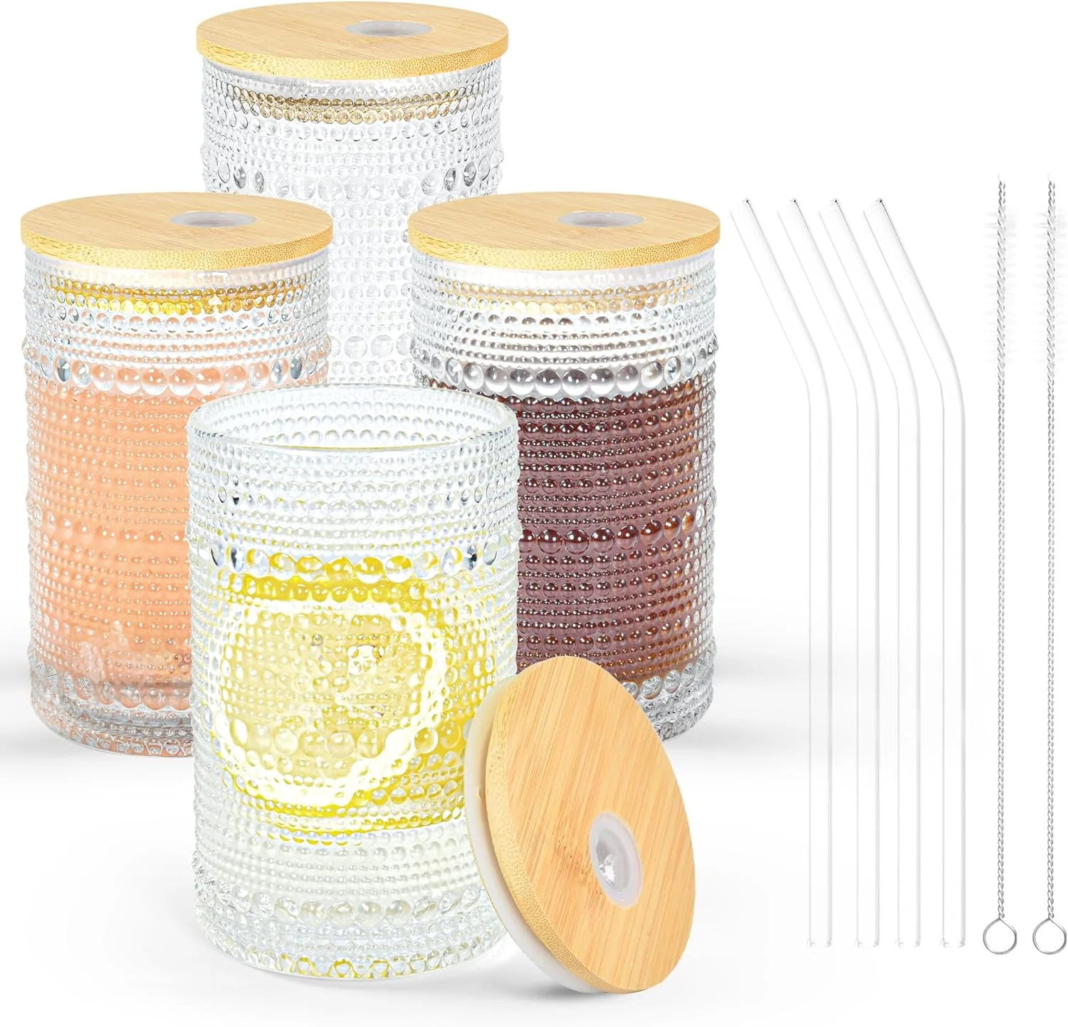 Casual 13 oz Drinking Glasses Set of 4 with Bamboo Lids Straws Hobnail Boho Glassware Set Vintage Glass Cups Embossed Iced Coffee Cup for Beer Cocktail High-Performance