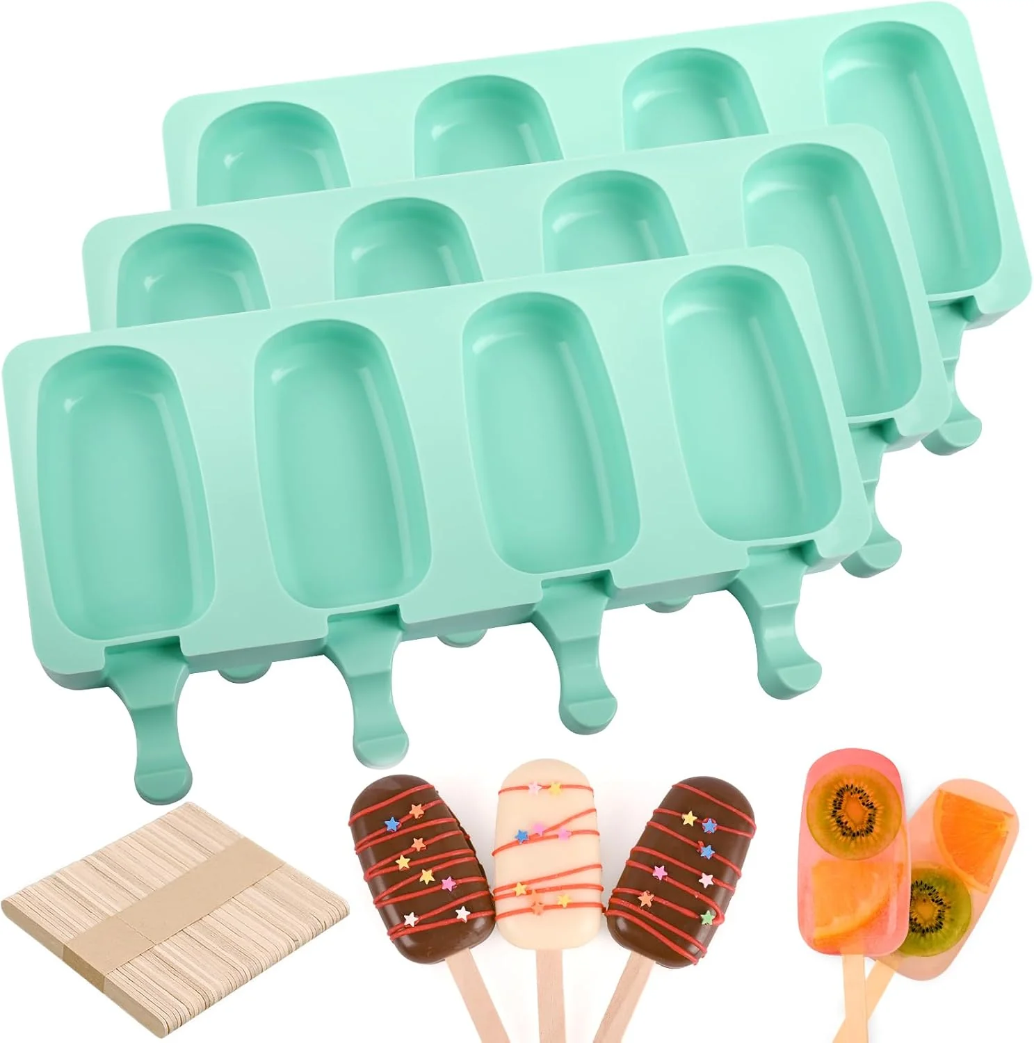 Sophisticated Large Oval 4 Cavities Silicone Popsicle Molds Set of 3 Green Food Grade Silicone Easy to Use Include 150 Pcs Wooden Sticks Homemade Ice Cream Molds for Ice Pop Cakesicles Cake Pop World-Class
