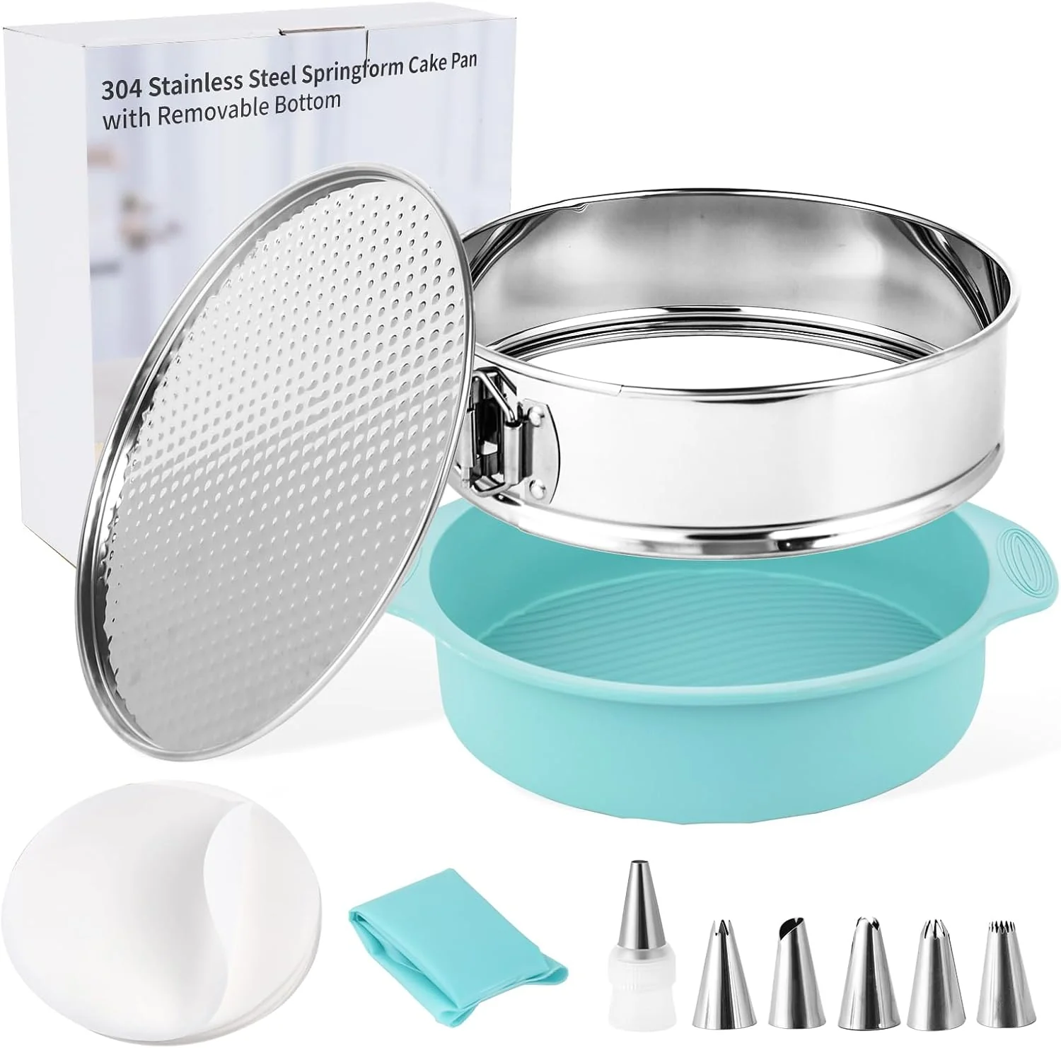 Sophisticated 9 Inch Cheesecake Pan Leakproof 304 Stainless Steel Springform Pan with Silicone Protector for Water Bath Baking Removable Bottom 50 Pcs Parchment Paper Dishwasher Safe Superior