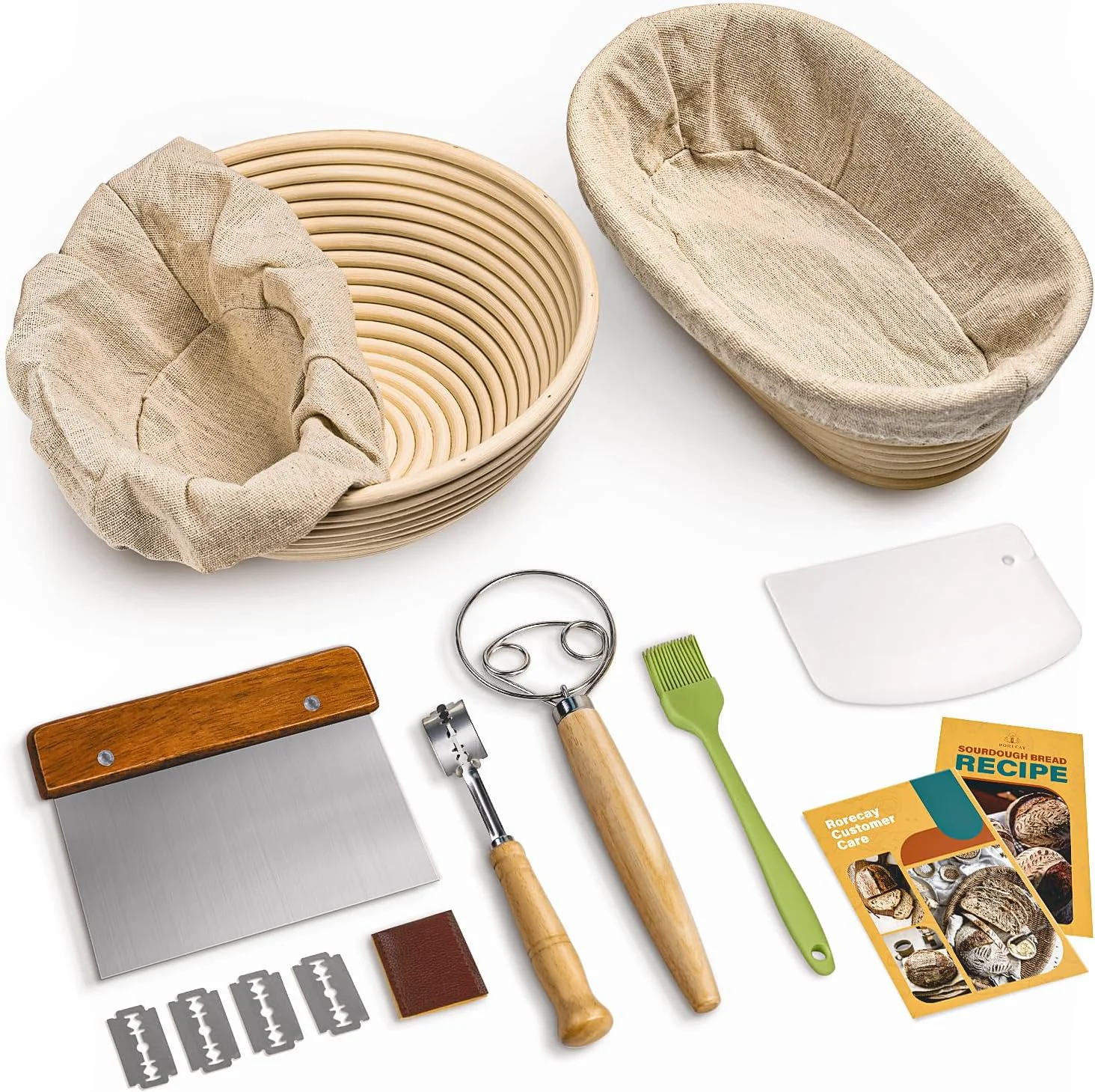 Modern Rorecay Bread Banneton Proofing Basket Set 9 Inch Round 10 Inch Oval Cane Sourdough Baskets with Dough Whisk Bread Lame Dough Scraper Bowl Scraper High-Grade