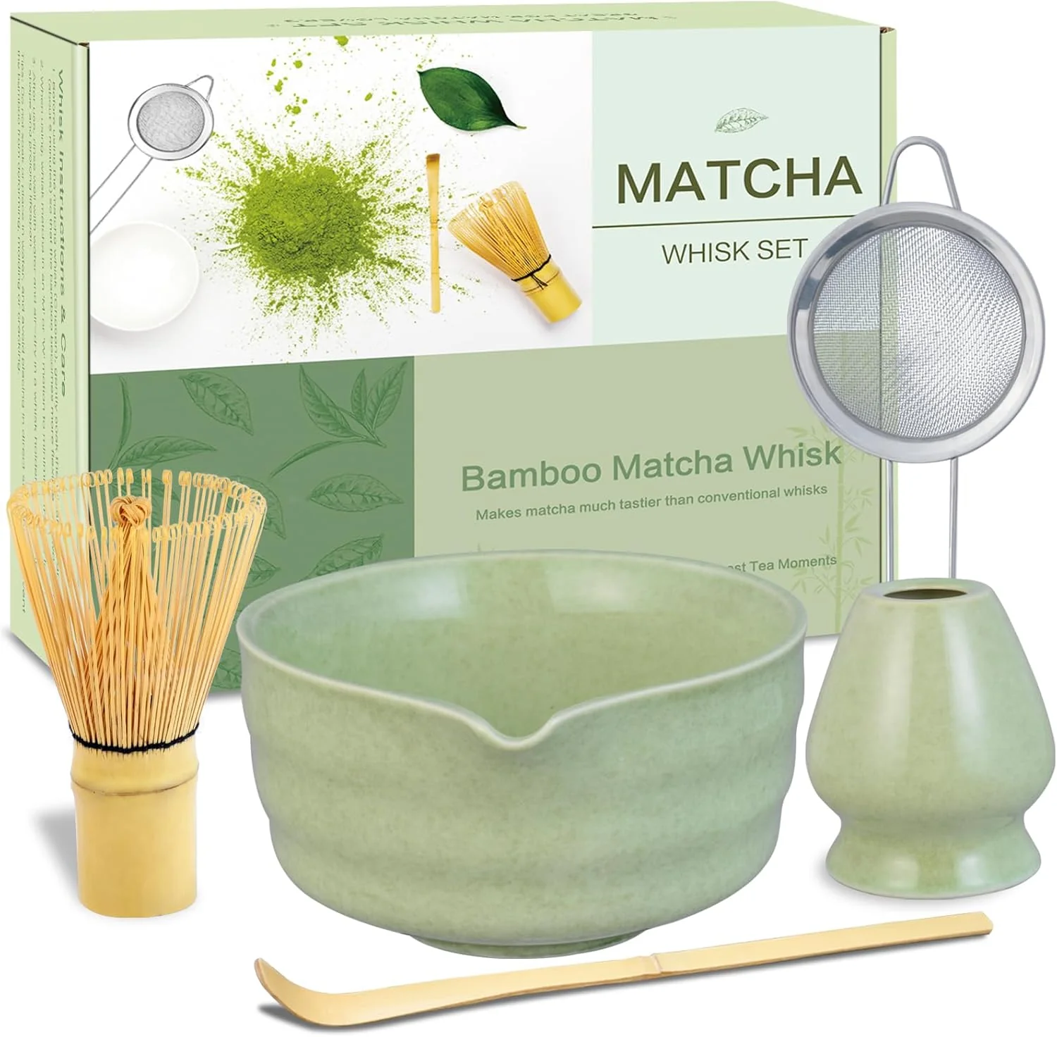 Breathable Matcha Whisk Set Ceramic Matcha Bowl with Spout Matcha Whisk Chasen Holder Powder Sifter Bamboo Scoop Complete Tea Making Kit for Matcha Lovers Practical