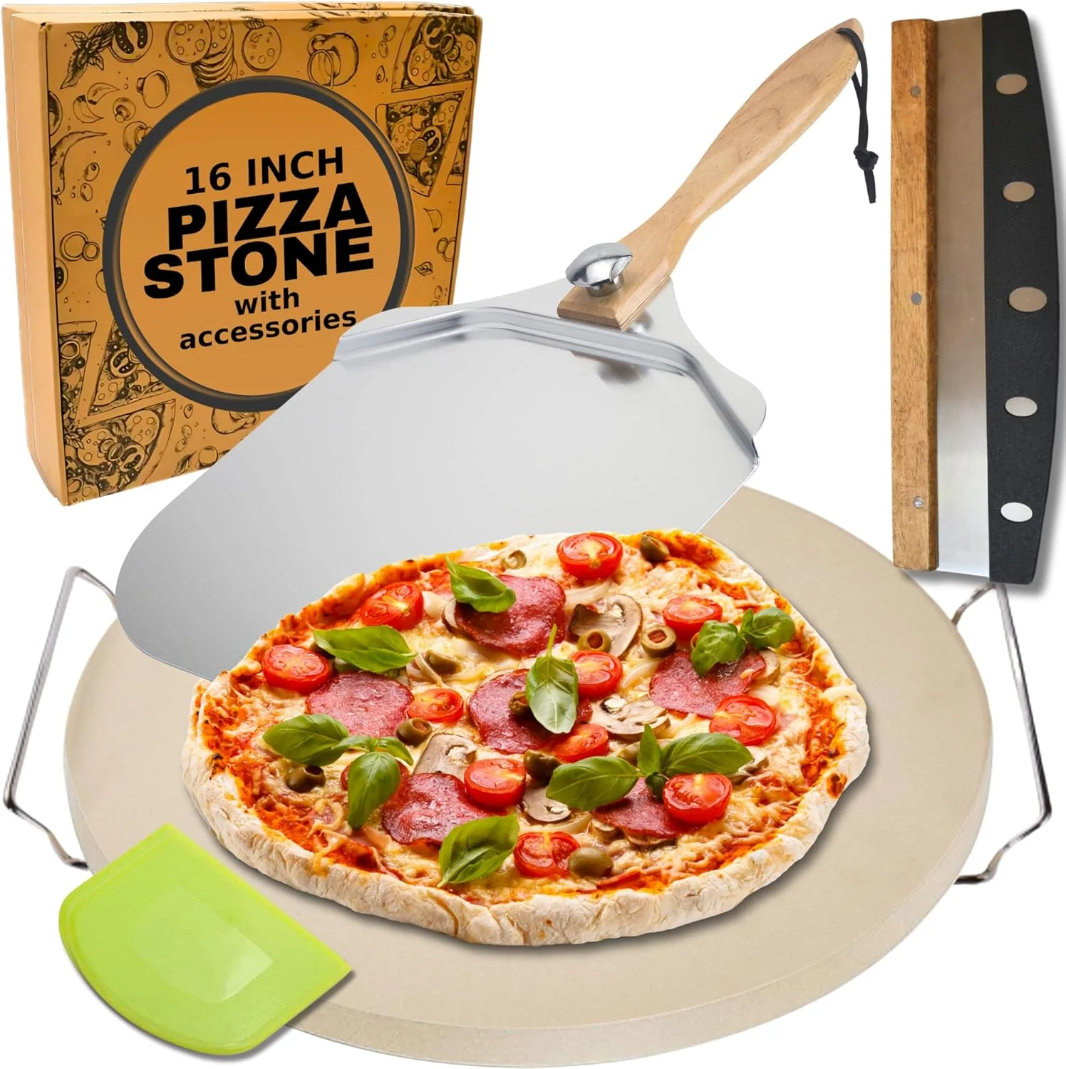 Soft Round Pizza Stone for Oven 16 inch - Large Pizza Stone with Handles Metal Pizza Peel Pizza Cutter and Dough Tool - Baking Stone for Oven Bread Original Design