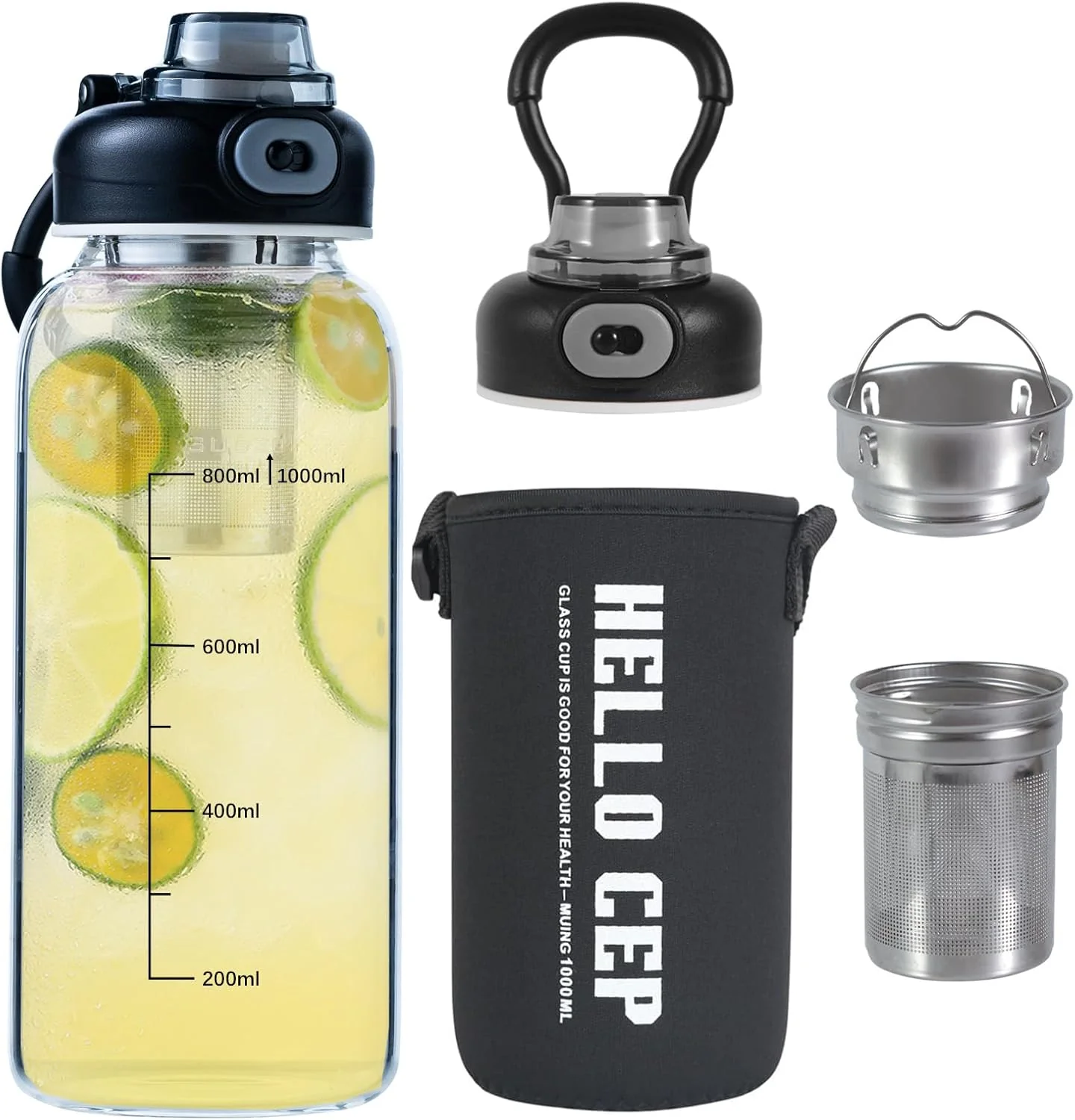 World-Class 34oz tea bottle with infuser - Large Capacity Glass Water Bottle With Time Mark Stainless Steel Tea Strainer Sleeve BPA Convenient