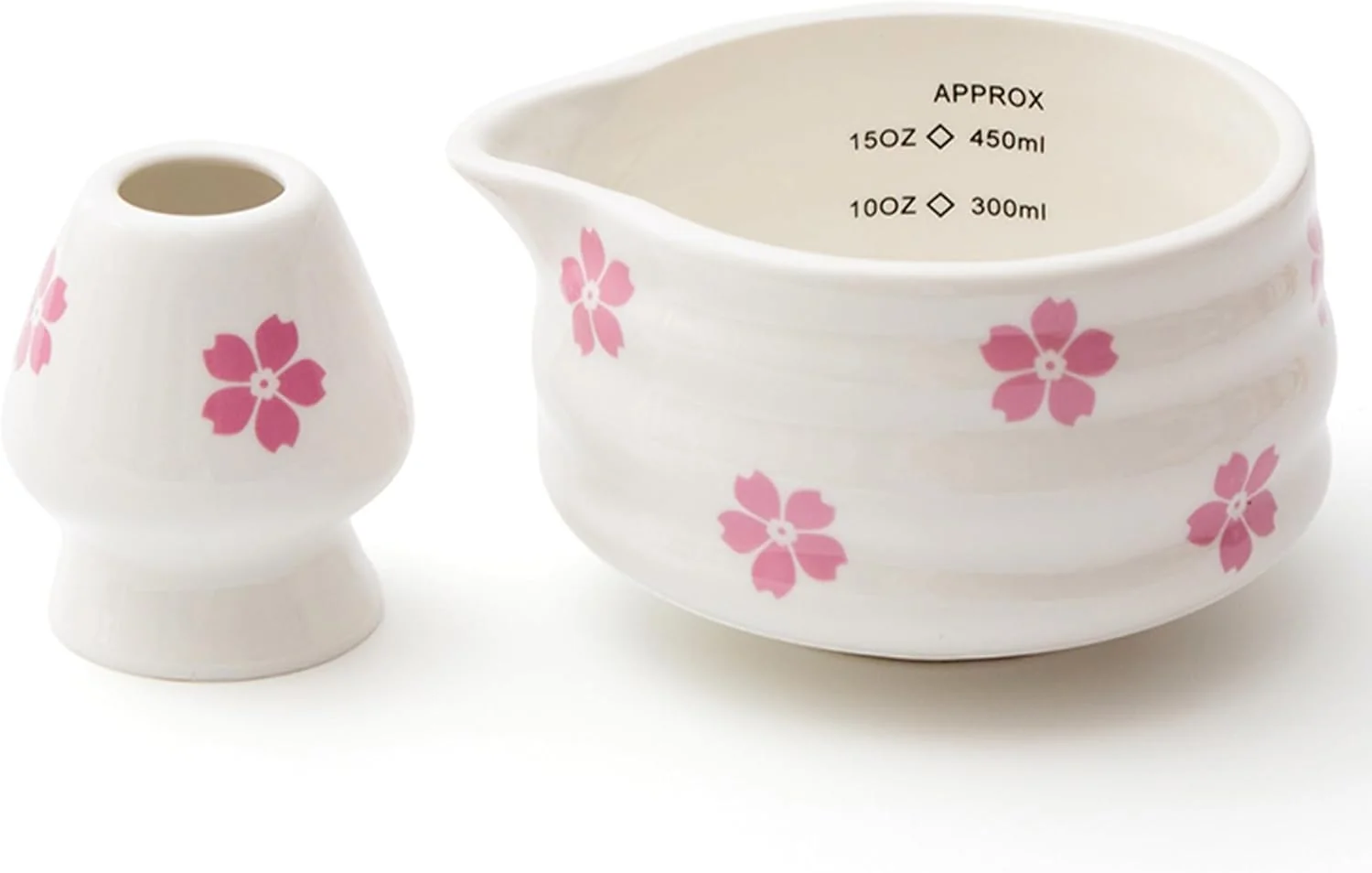 Long-Lasting 2pcs Matcha Bowl with Whisk Holder Ceramic Cherry Blossom Matcha Bowl with Spout 16.5OZ Porcelain Bowl with Measurement Marks Innovative