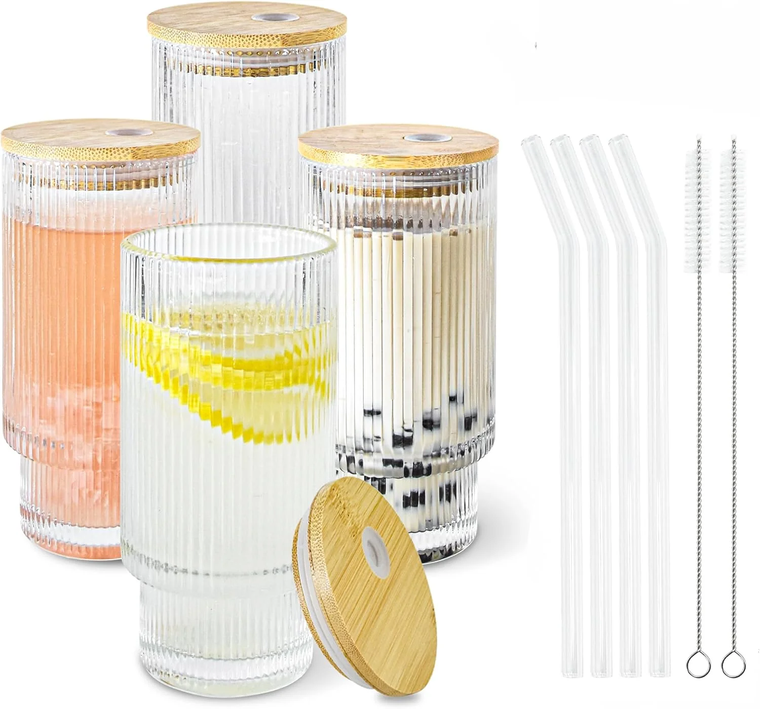 Prestigious 4 Pcs 11 oz Drinking Glasses Cups Set with Bamboo Lids Straws Brush Ribbed Vintage Glassware Set for Tea Iced Coffee Beer Cocktail Whiskey Ribbed 4 Professional