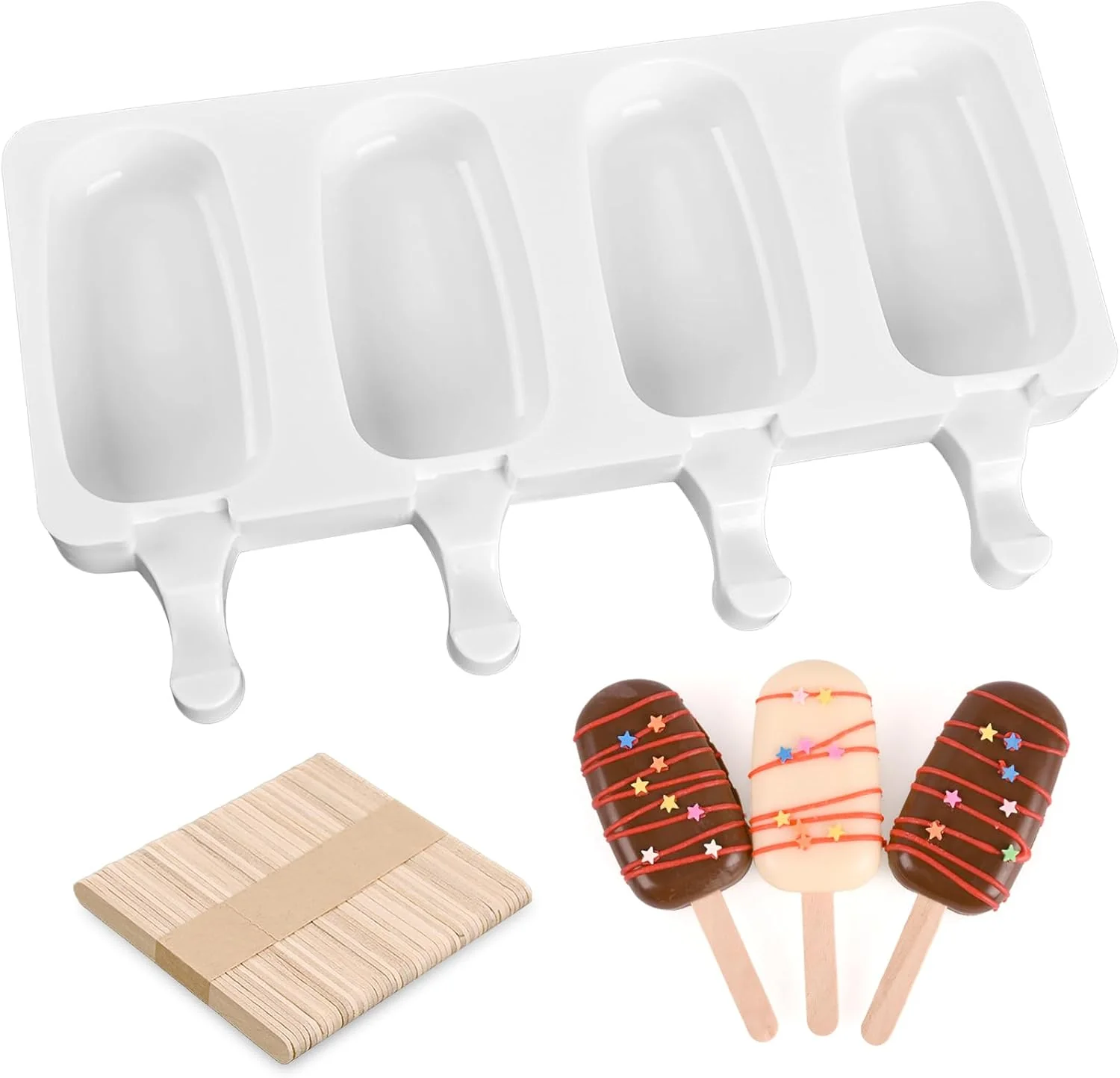 Smooth Popsicle Silicone Mold with 50 Pcs Wooden Sticks Food Grade Silicone Easy to Use Oval Homemade Ice Cream Molds for Ice Pop Cakesicles Cake Pop Expertly Made