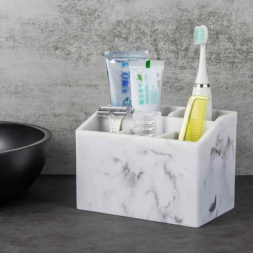 Authentic Marble White Resin Toothbrush Toothpaste Holder - Multi-Functional Bathroom Organizer for Electric Toothbrushes Stationery Storage Box - Christmas or Halloween GiftSPECIFICATIONS Clean