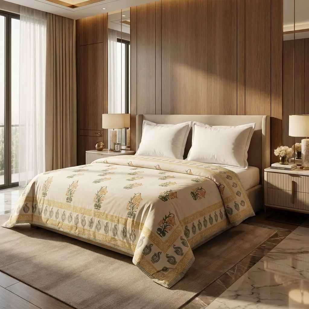 Prestigious Cream Golden Yellow Floral Jaipur Indian Hand Block Print Quilted Comforter Excellent
