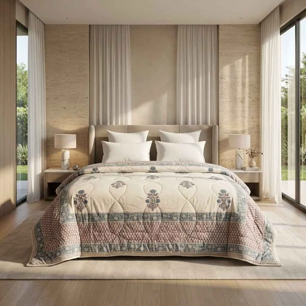 First-Class Cream Slate Blue Floral Jaipur Indian Hand Block Print Quilted Comforter Traditional