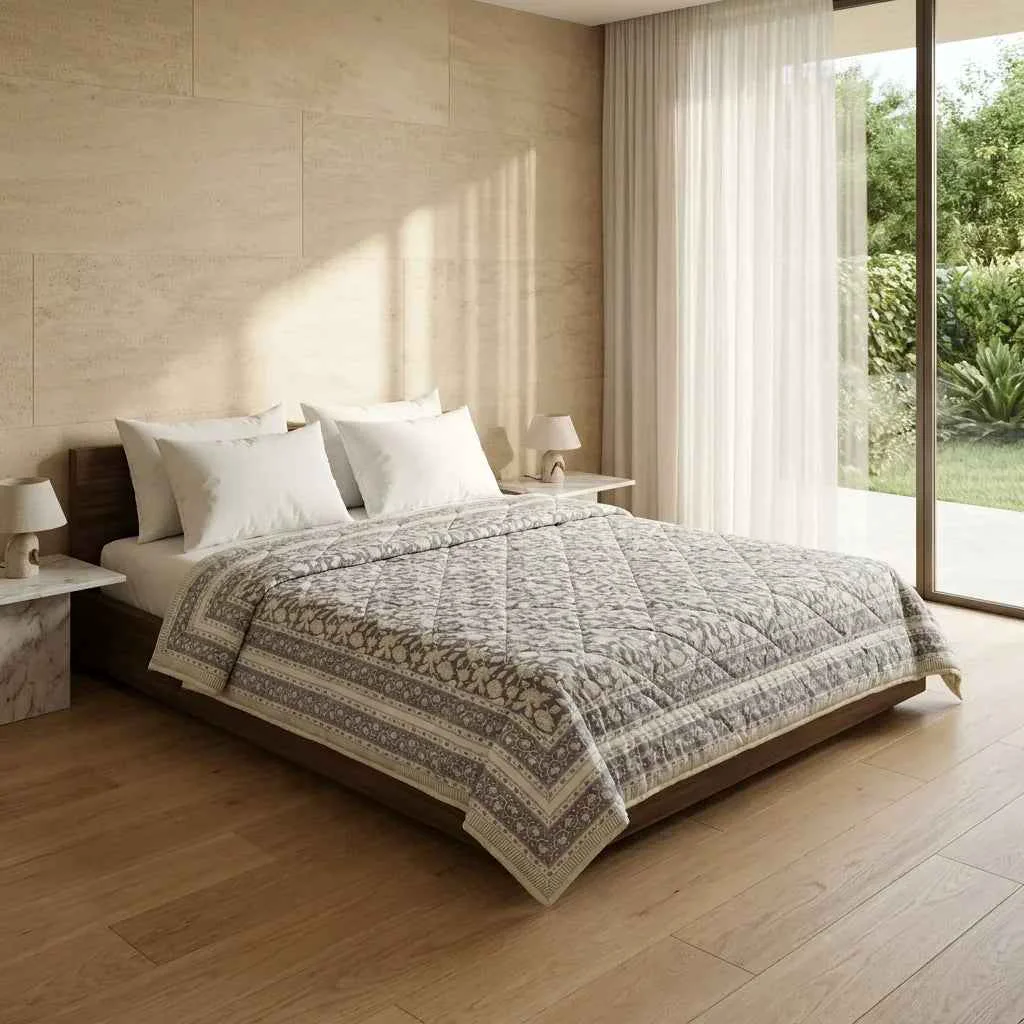 Eco-Friendly Cream Taupe Floral Jaipur Indian Hand Block Print Quilted Comforter Exceptional