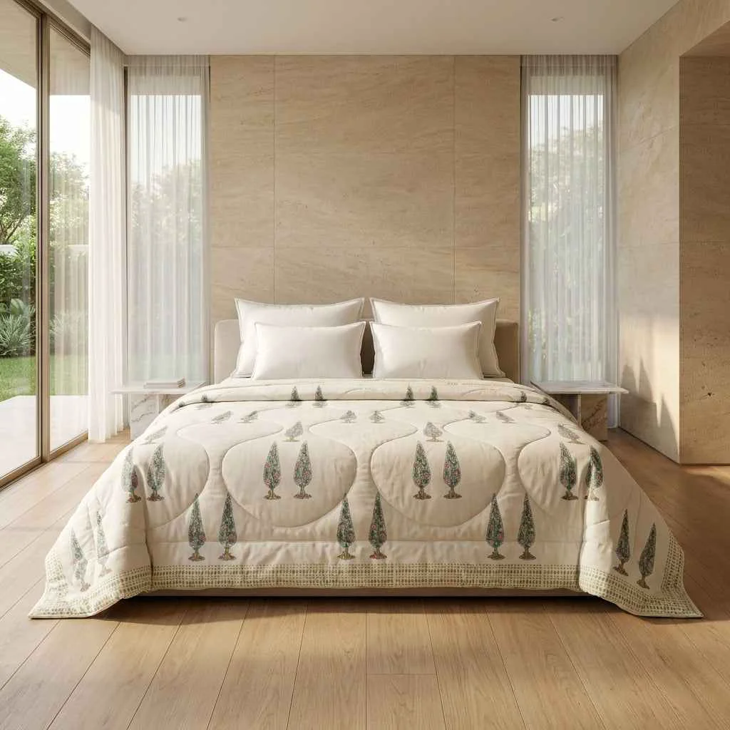 Innovative Cream Rust Sage Floral Jaipur Indian Hand Block Print Quilted Comforter Artisan