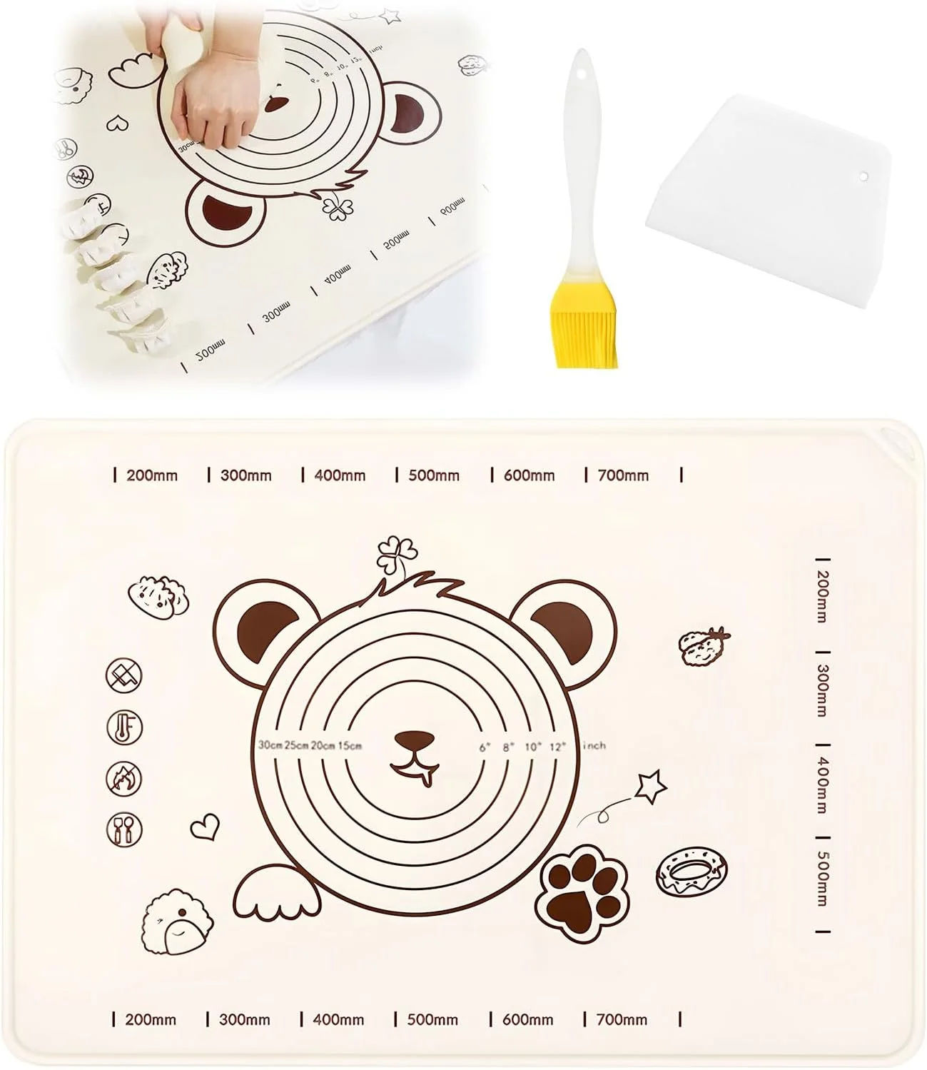 Efficient Little Bear Pastry Mat Set Silicone Pastry Mat with Cake Scraper Rolling Pin Pastry Brush for Baking standard count 3 Official