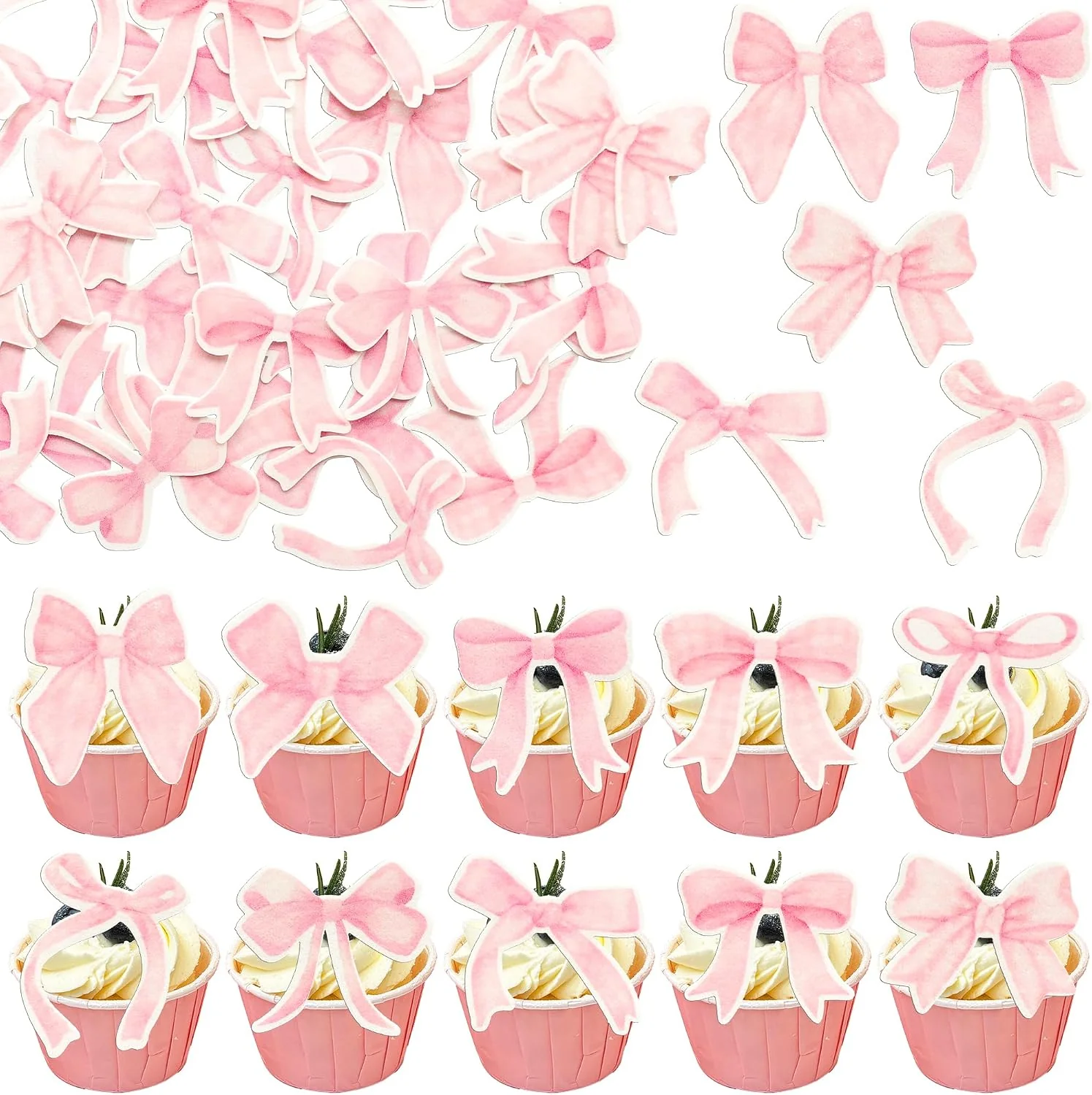 Easy-to-Use Gyufise 50Pcs Edible Pink Bowknot Cupcake Toppers Wafer Paper Bowknot Cake Dessert Picks Drink Topper Baby Shower Princess Cupcake Toppers for Birthday Party Decoration Supplies Practical