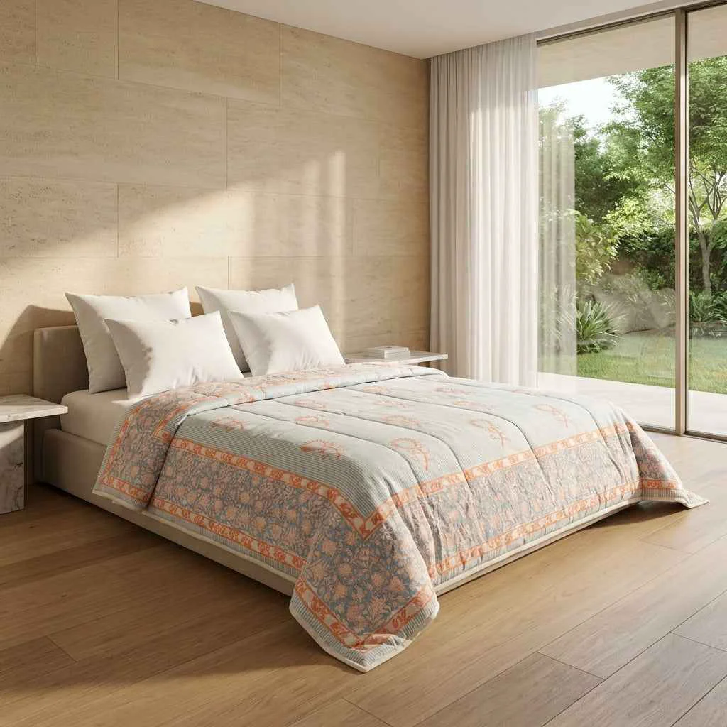 Next-Generation Cream Golden Yellow Olive Floral Jaipur Indian Hand Block Print Quilted Comforter Specialty