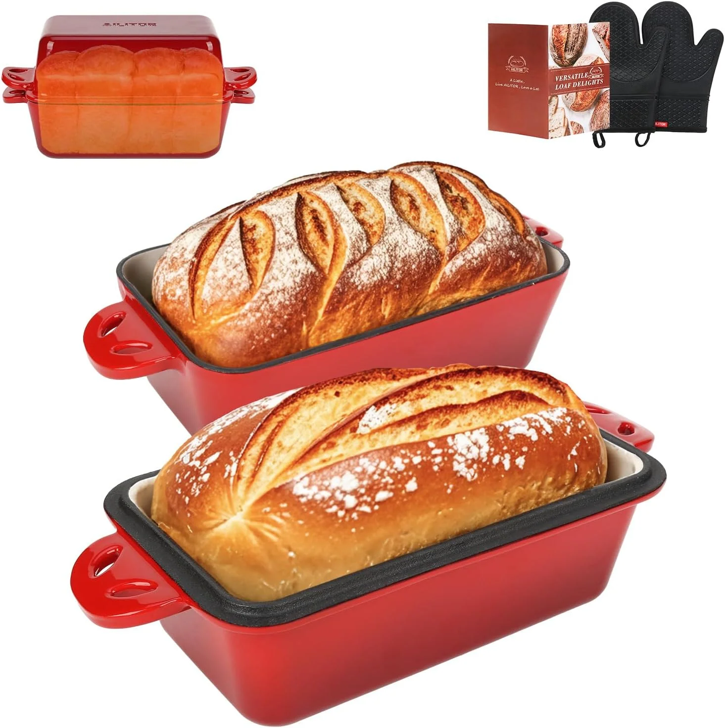 High-Grade 9x5 Enameled Cast Iron Loaf Pan with Lid - 2 in 1 Homemade Sourdough Bread Baking Pan Effective