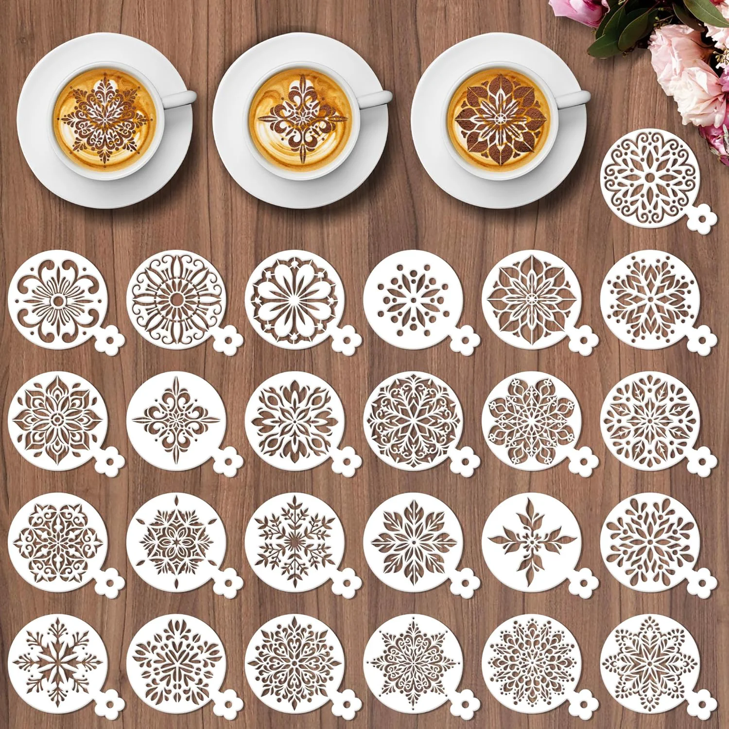 Artisan Coffee Latte Art Stencils - 25 Pcs Mandala Baking Stencils Decorating Template Buttercream Sour Dough Bread Cookies Decorate Tools Powerful