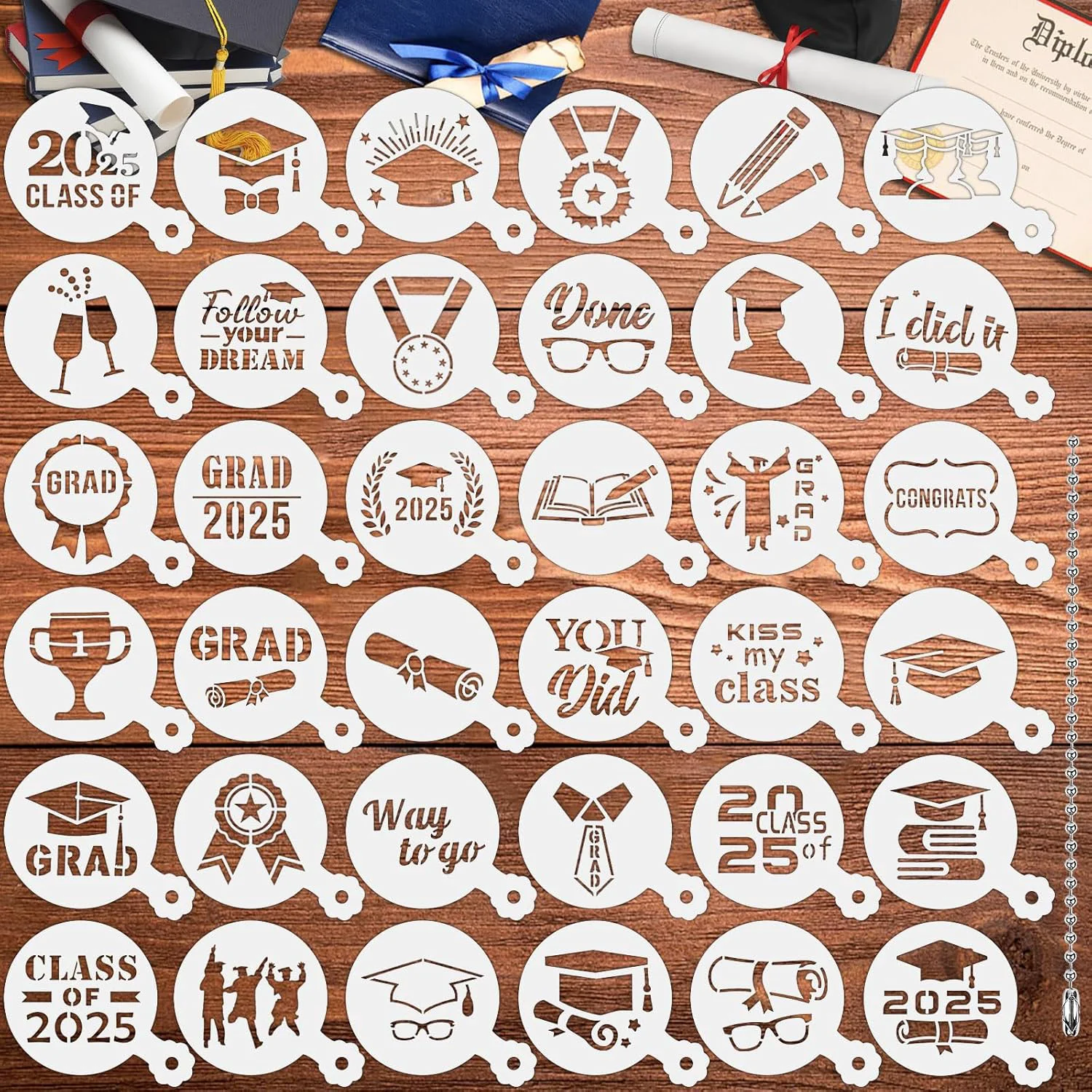 Elite Julbear Graduation Cookie Stencils 36 Pieces Class of 2025 Reusable Coffee Decoration Stencils Templates Tools for Cookies Baking Painting Dessert Classic
