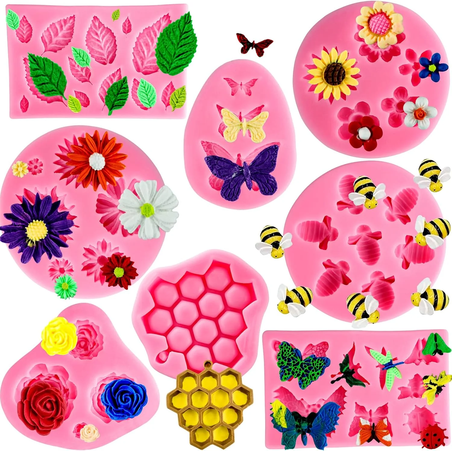 High-Performance Silicone Mold Flower 8pcs Chocolate Fondant Polymer Clay Candy Gummy Mold Rose Leaf Butterfly Bee Honey Shaped Silicone Molds for DIY Cake Cupcake Decor Craft Next-Generation