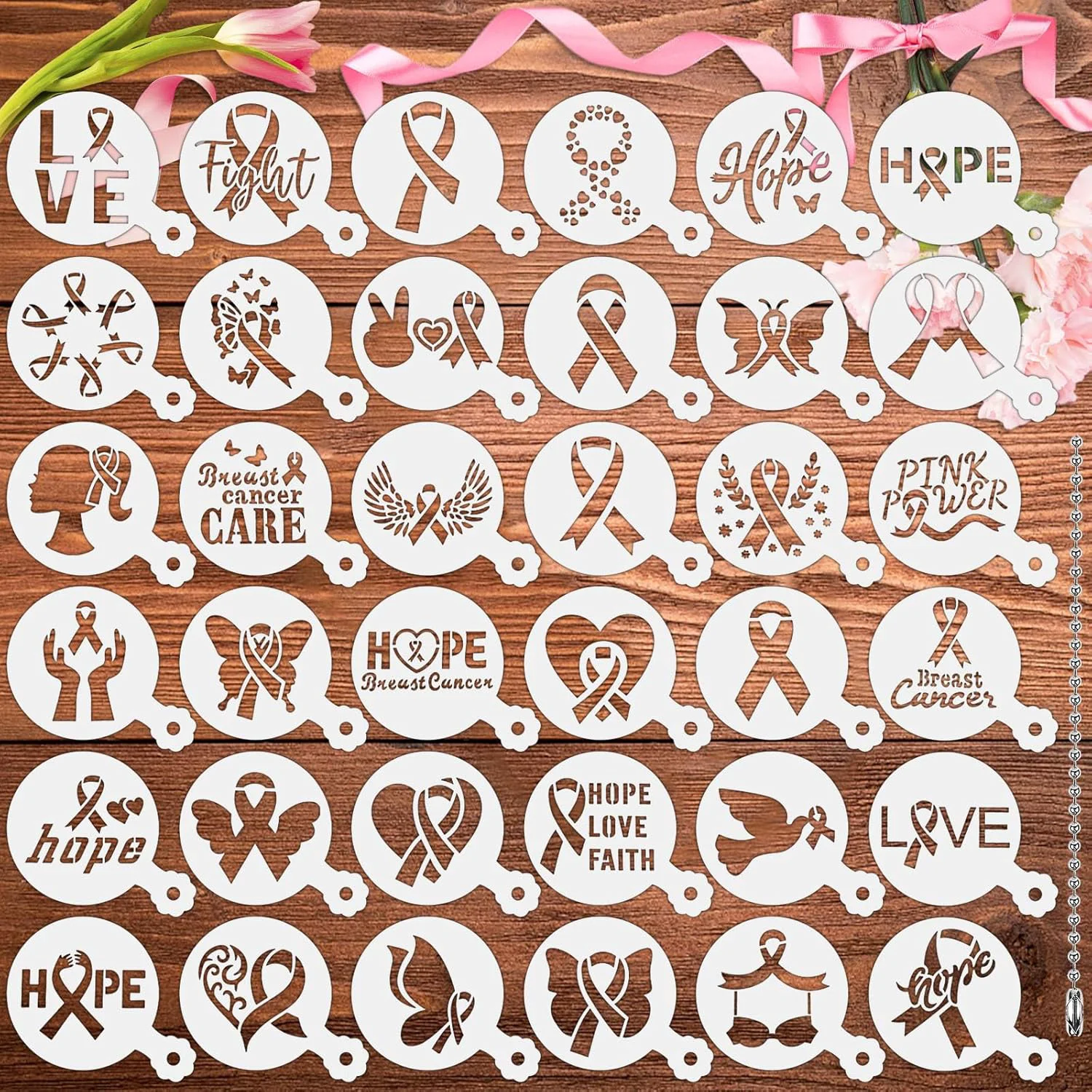 Certified Julbear Breast Cancer Awareness Cookie Stencils 36pcs Pink Ribbon Reusable Coffee Decoration Stencils Templates Tools for Cookies Baking Painting Luxury