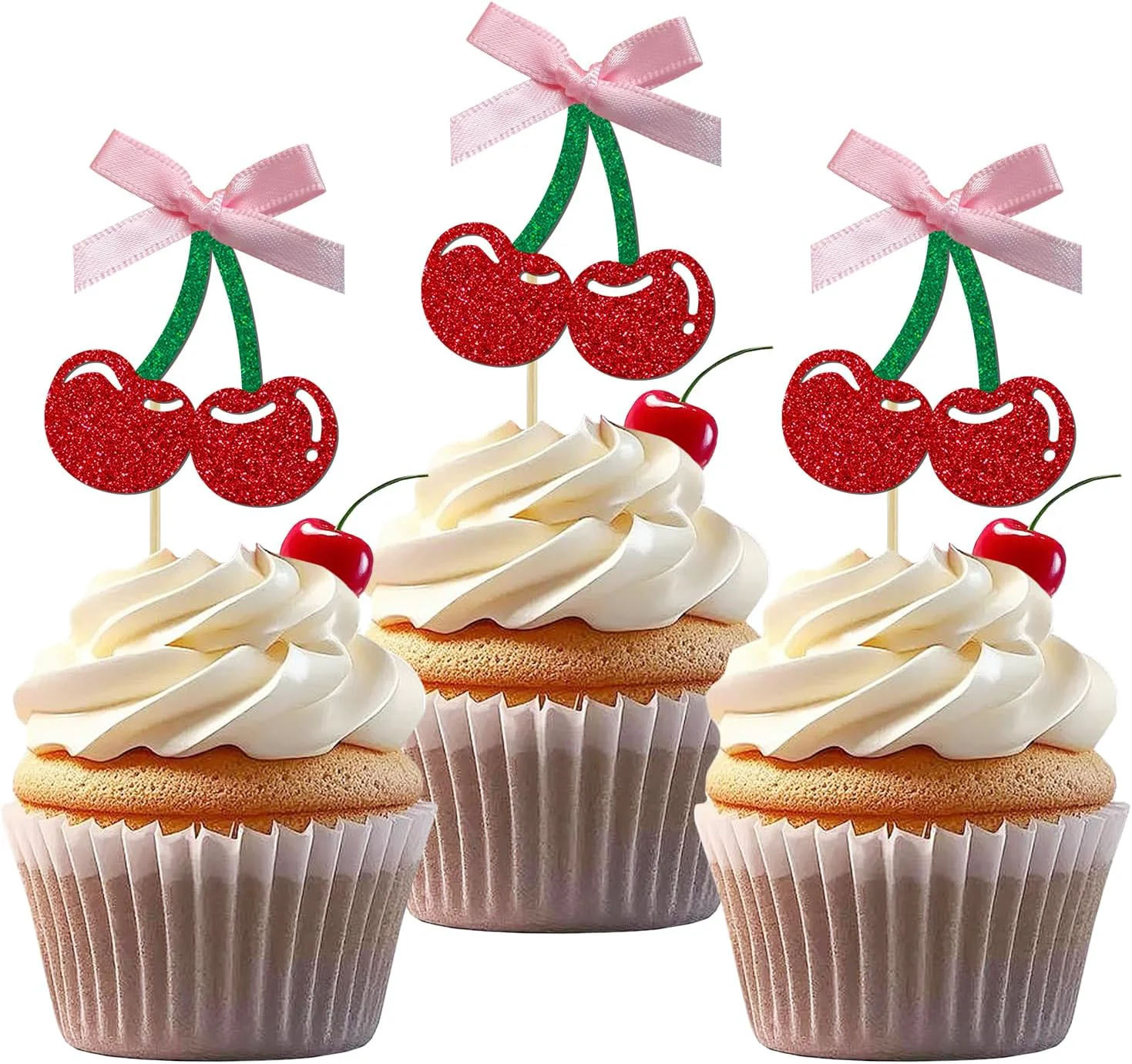 User-Friendly 24 Pack Cherry Cupcake Toppers Glitter Sweet Cherry Cupcake Pick Fruits Theme Baby Shower and Bridal Shower Decorations Supplies Sustainable
