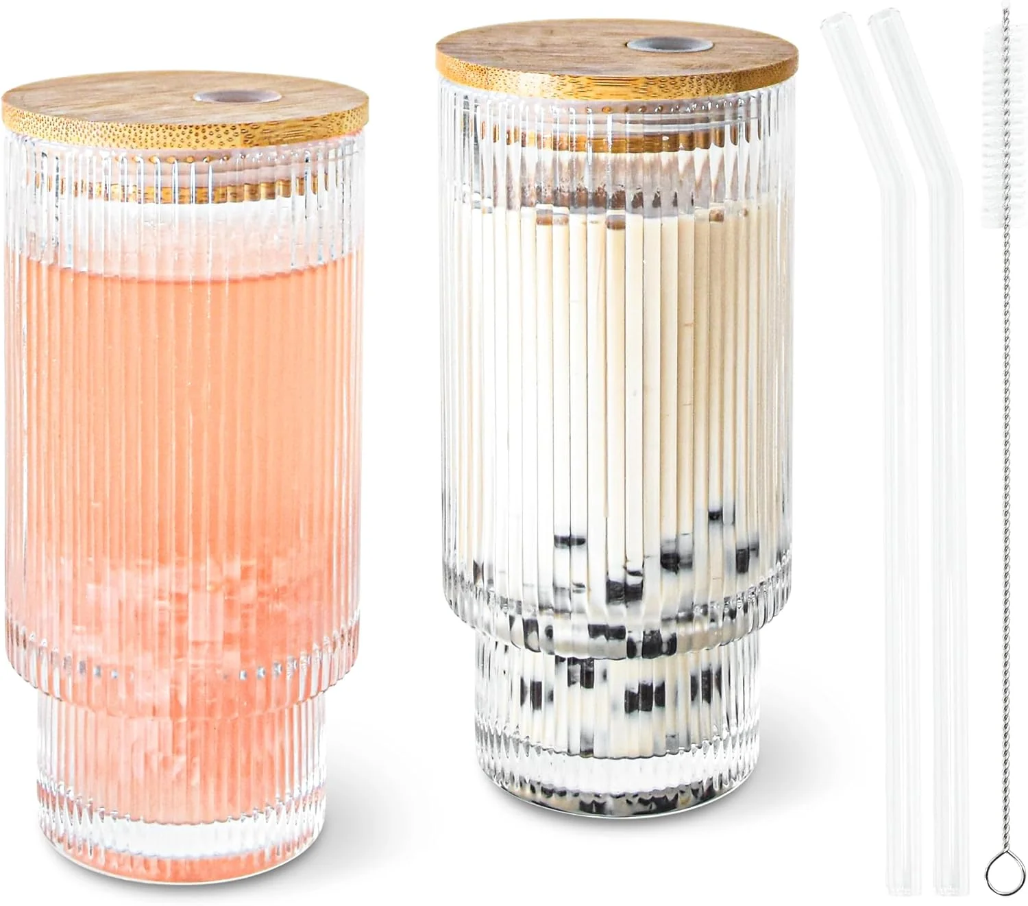 Selected 11oz Glass Tumbler with Straw and Lid Ribbed Vintage Iced Coffee Glasses for Tea Soda Cocktail Smoothie Ribbed 2 Original