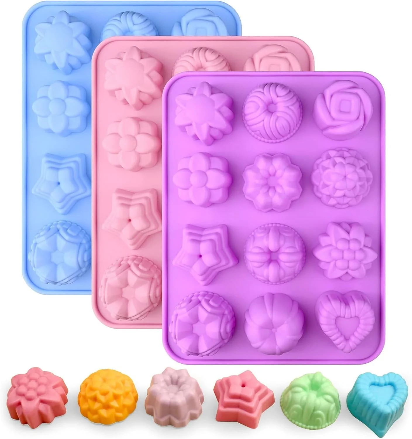 Exceptional Sakolla 3 Pack Flower Molds Silicone 12 Cavities Different Shapes Silicone Molds for Chocolate Cupcake Candy Jelly Ice Cube Muffin Pink World-Class