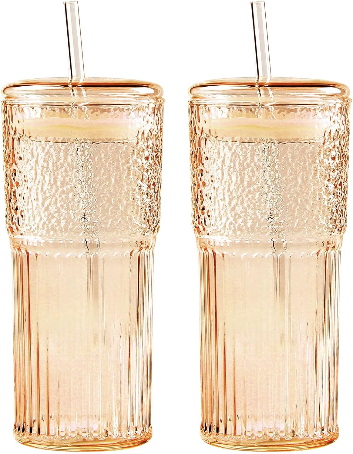Soft GOSCHE Glass Cups with Lids and Straws 20oz Drinking Jar Glass Tumbler Iced Coffee Cups Set Vintage Ripple Glassware Smoothie Cups for Water Coffee Tea Amber 2 Pcs Traditional