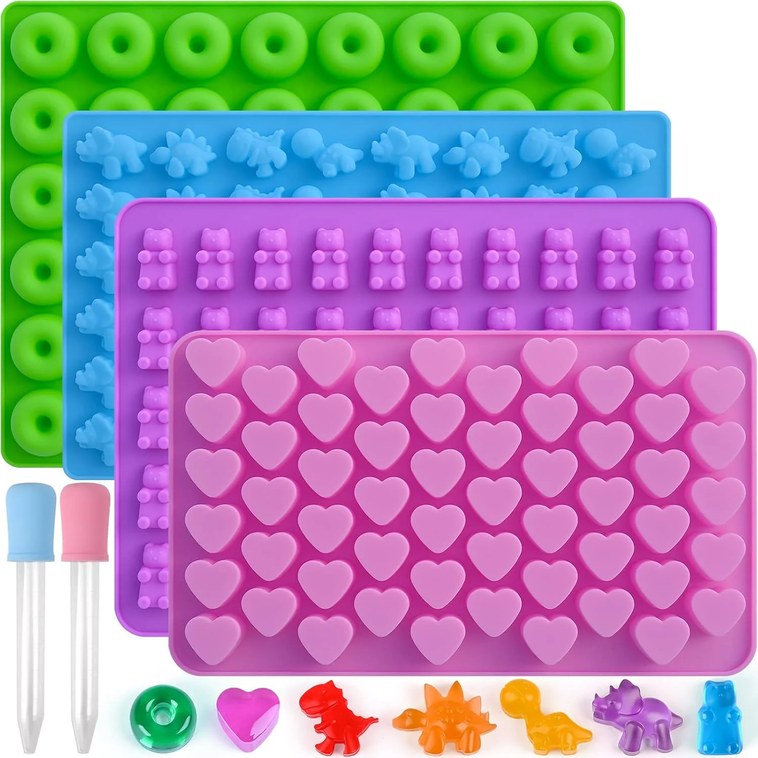 Expertly Made Sakolla Gummy Candy Molds Silicone with 2 Droppers Pack of 4 Mini Silicone Molds Including Dinosaur Bear Shape Green
