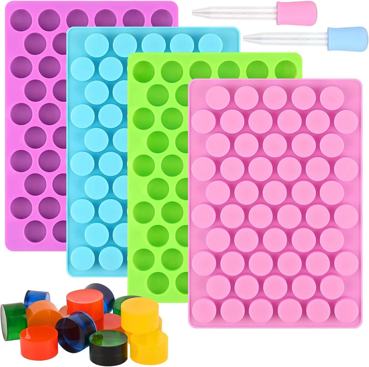 Proven Sakolla Round Candy Molds Silicone 220 Cavities Mini Cylinder Molds for Chocolate Hard Candy Gummy Ganache Ice Cubes Set of 4 with 2 Droppers Pure