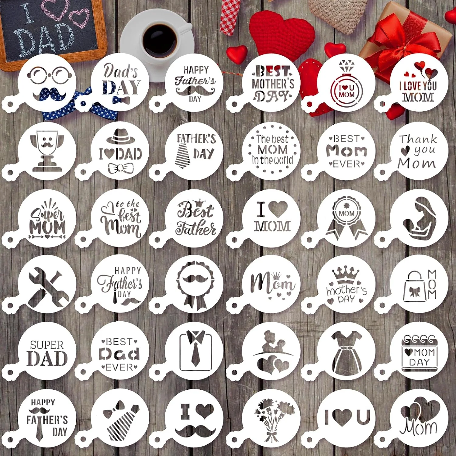 Dependable JULBEAR 36Pcs Mother's Father's Day Cookie Cake Stencil Templates Reusable Mold Tools Birthday Wedding Party Royal Icing Cake Coffee Dessert Decoration Supplies Mother's Father's Day Exceptional
