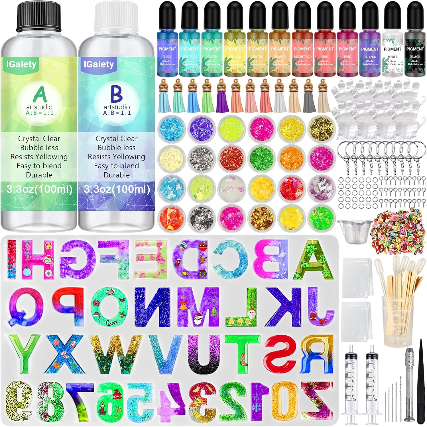 Refined IGaitey Epoxy Kit with Reverse Alphabet Molds for Keychain Pendant Beginner-Friendly Resin Kit with Backward Letter Molds 169 Pcs Pigments amp Tools for Adult DIY Jewelry Casting Trusted