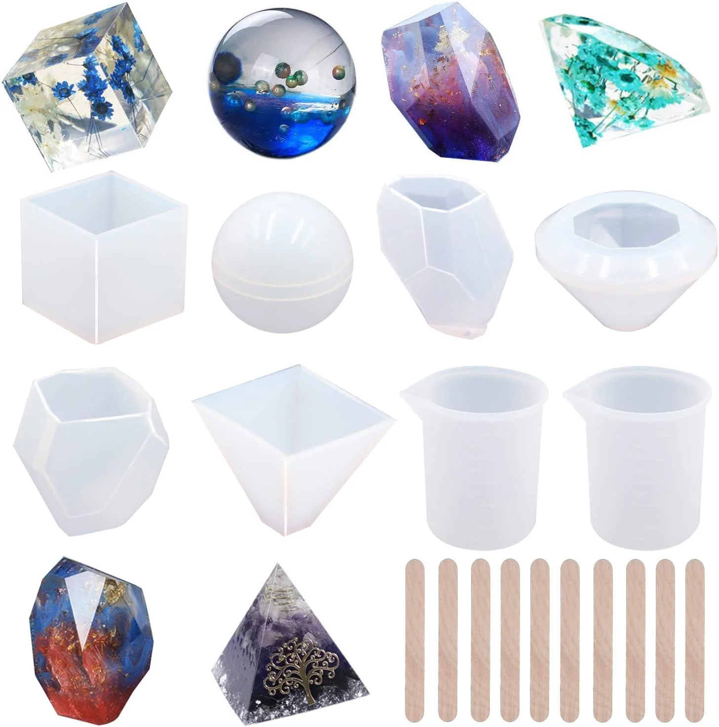 Selected EuTengHao 18Pcs DIY Silicone Resin Casting Molds Tools Set Includes 6 Resin Casting Molds Large Clear Silicone Molds 2 Measurement Cup 10 Wood Sticks Breathable