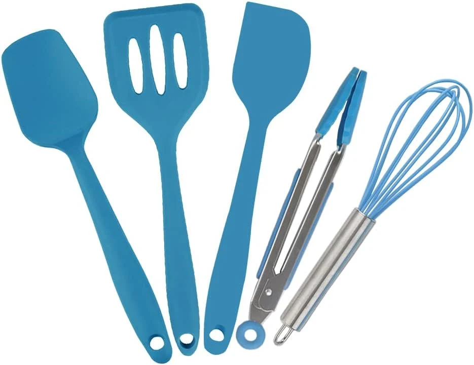 Versatile Mini Kitchen Utensil Set - Five-Piece Set Tiny Silicone Kids Kitchen Tools - Whisk Tongs Spoon Slotted Spatula - Blue Proven