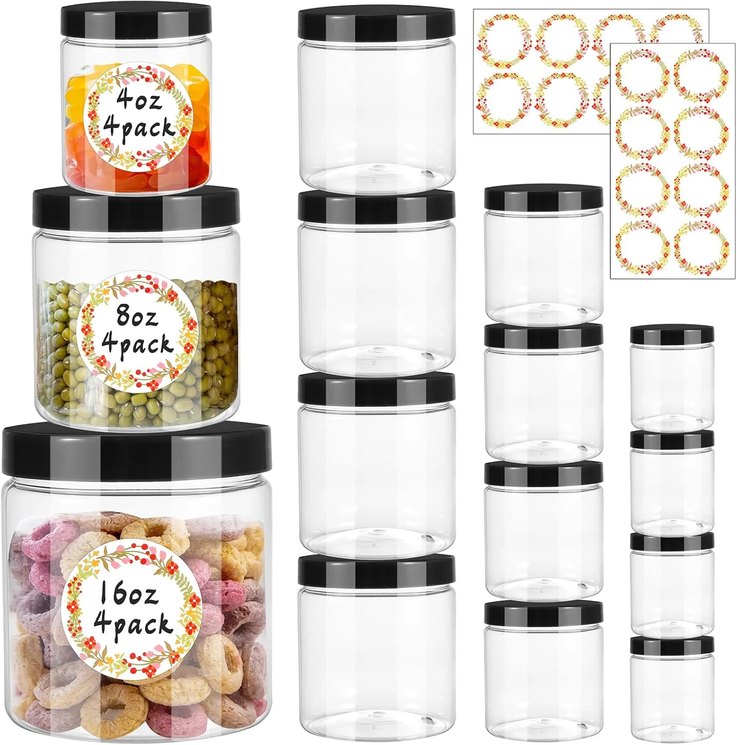 Next-Generation 12pcs Plastic Jars with Lids 16 oz 8 oz 4 oz Leakproof Storage Containers Clear Plastic Mason Jars for Peanut Spice Cookie Fashionable