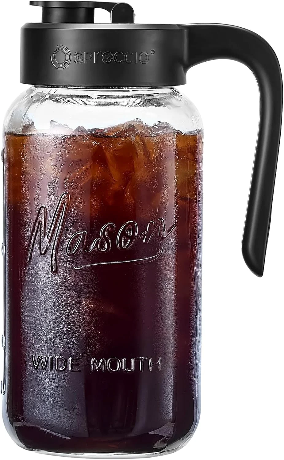 Easy-to-Use Mason Jar Pitcher 64 oz 2 quart Glass Pitcher with Lid Airtight Leak proof Ergonomic Handle Pour Spout Lid Fridge Safe for Sun Tea Iced Tea Cold Brew Lemonade Outside First-Class