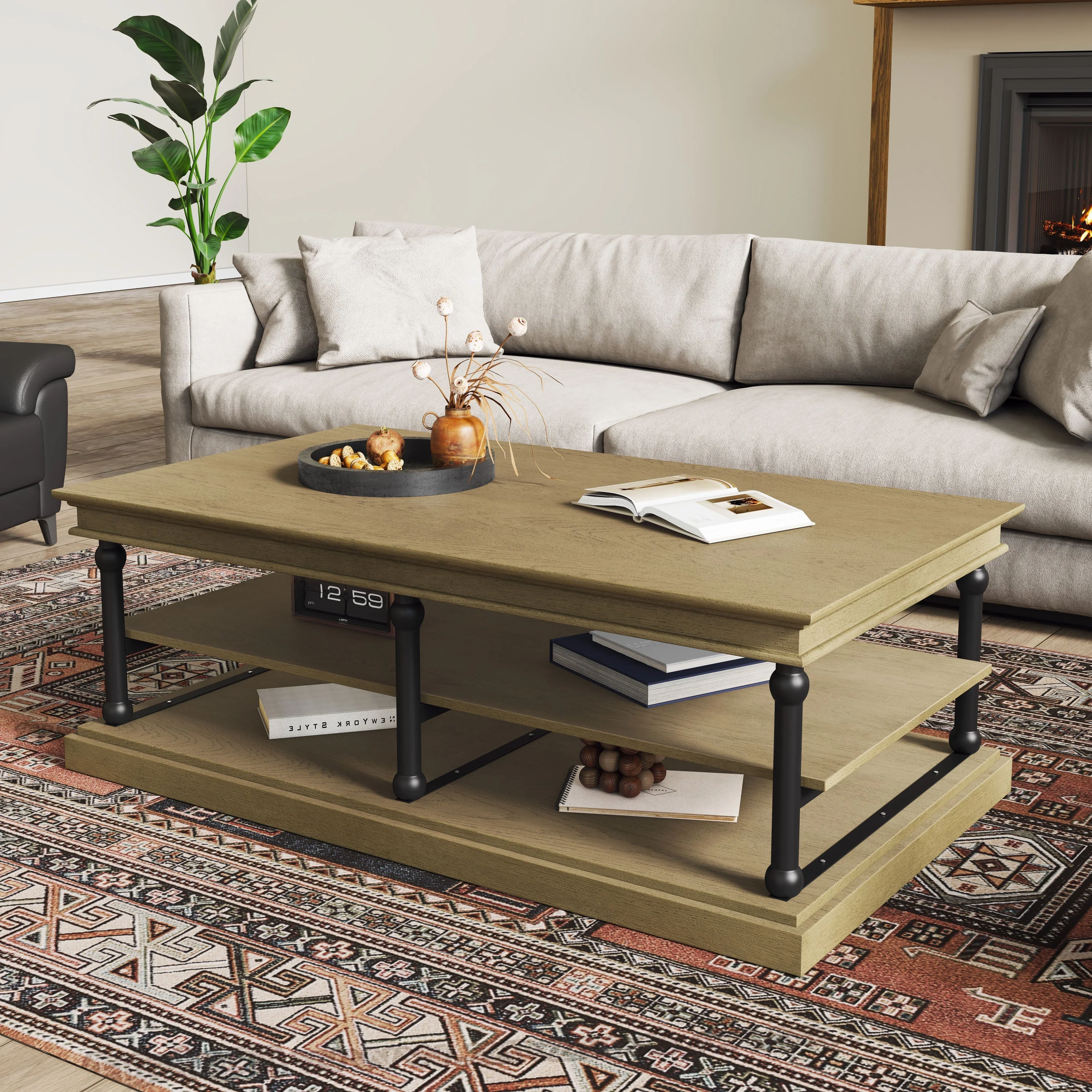 Clean 55.1' Wood Coffee Table with Black Legs and Open Storage Shelves Sophisticated