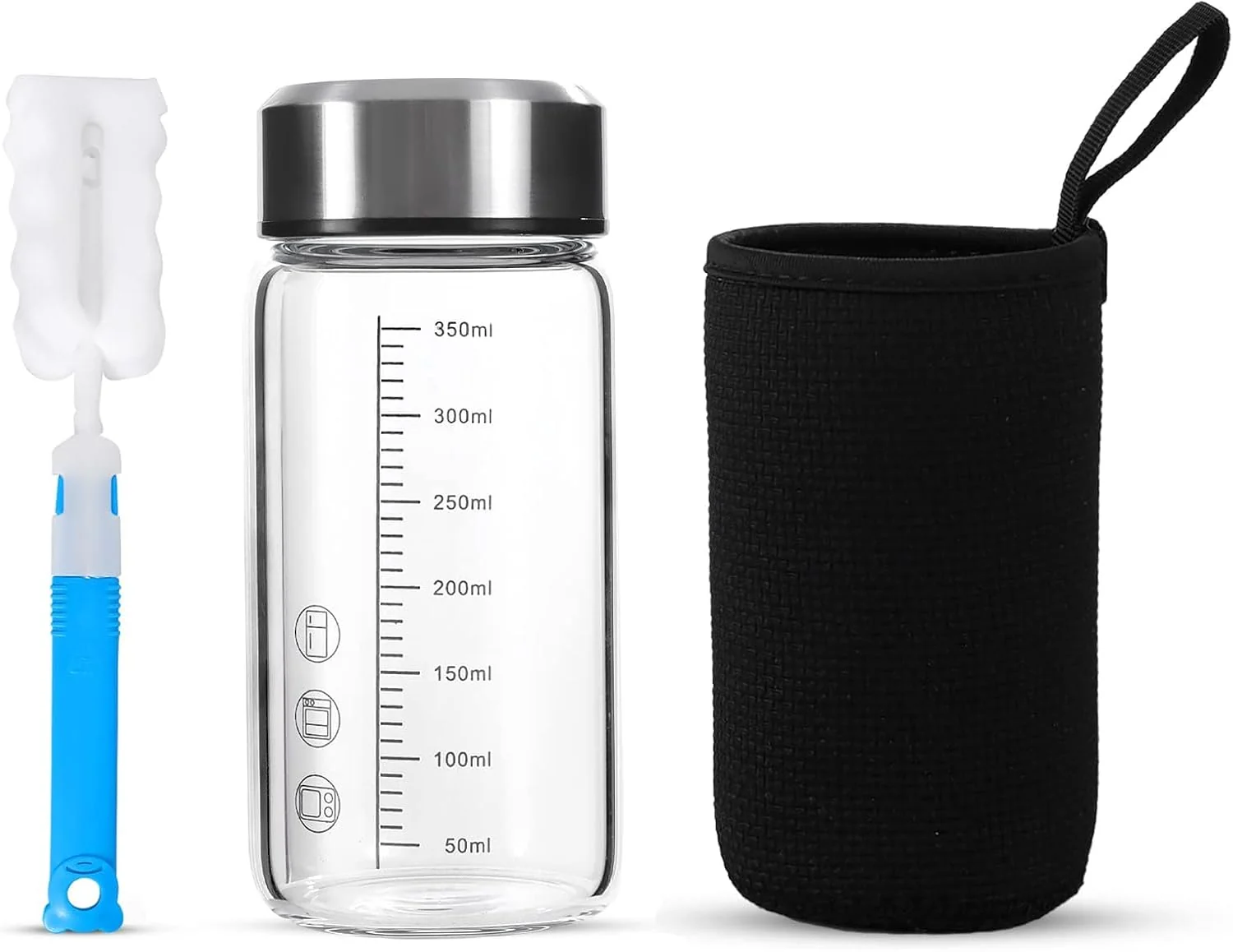Reusable 12Oz Glass Water Bottle with Lid and Sleeve 0.15in 3.8mm Thick Glass Shaker Bottles for Protein Mixes Juicing Smoothies Infused Water Beverage Long-Lasting